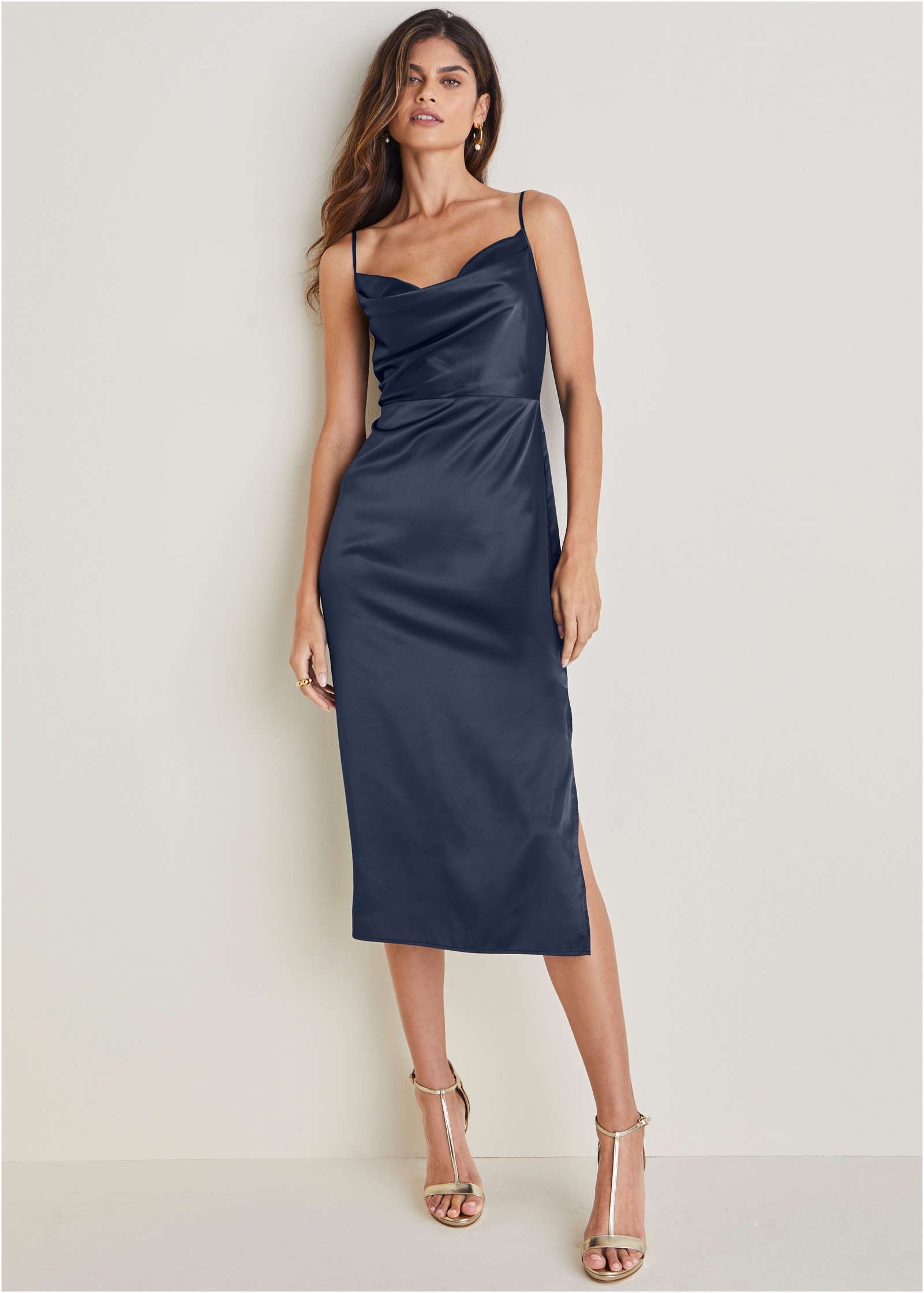 Cowl Neck Slip Dress - Navy