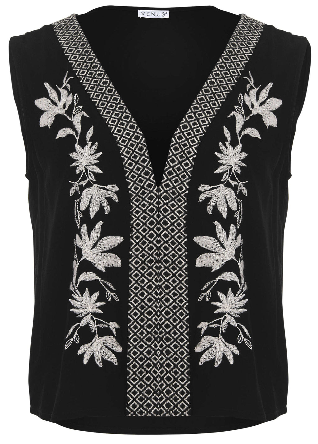 Embroidered Floral Tank - Jet Black