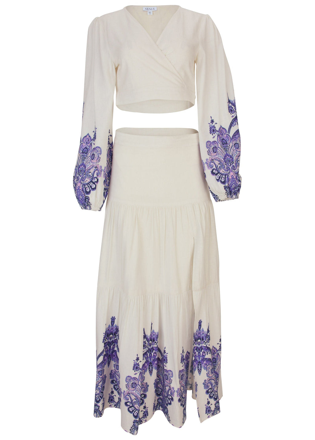 Printed Linen Two-Piece Set - Purple Paisley Border