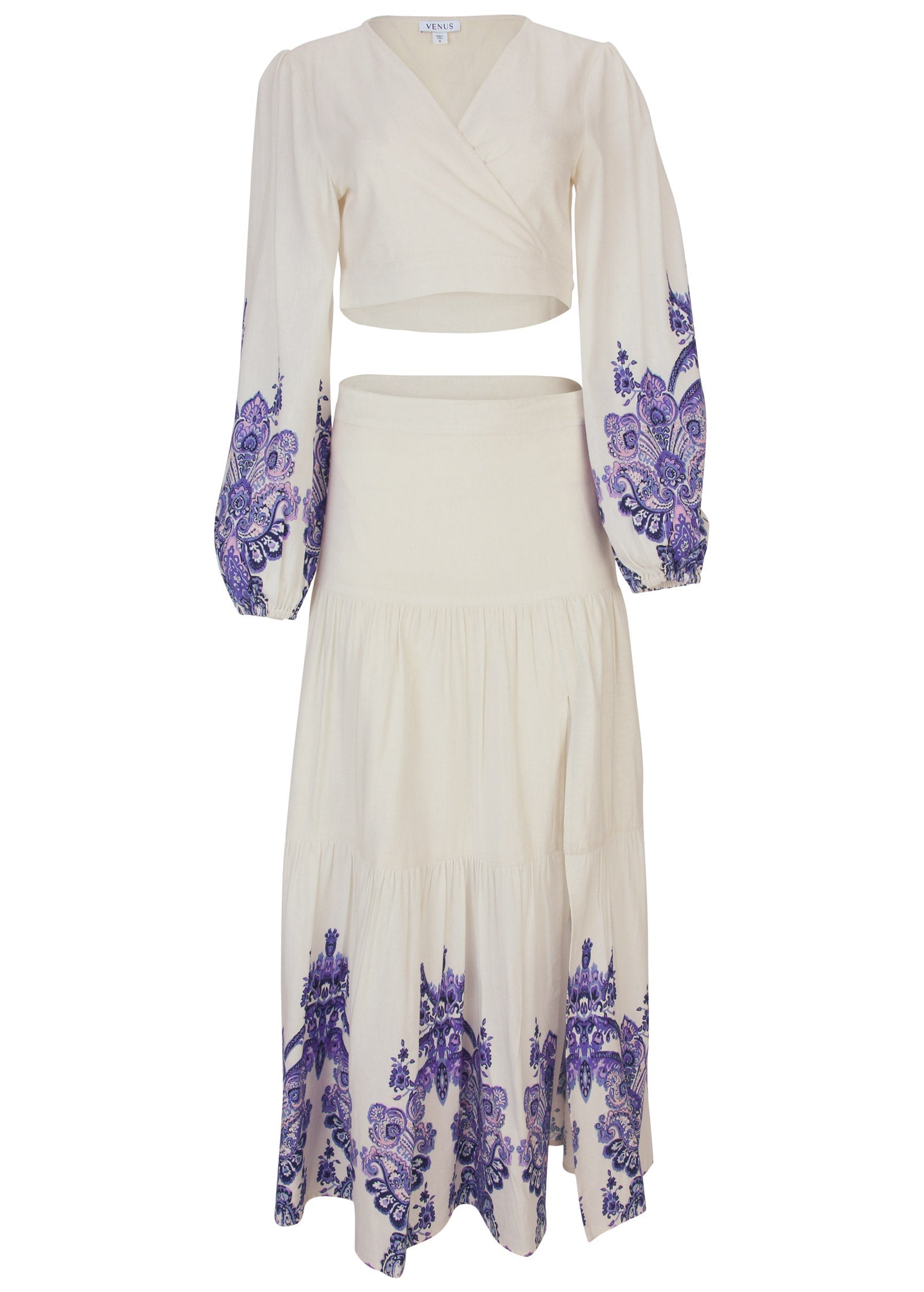 Printed Linen Two-Piece Set - Purple Paisley Border