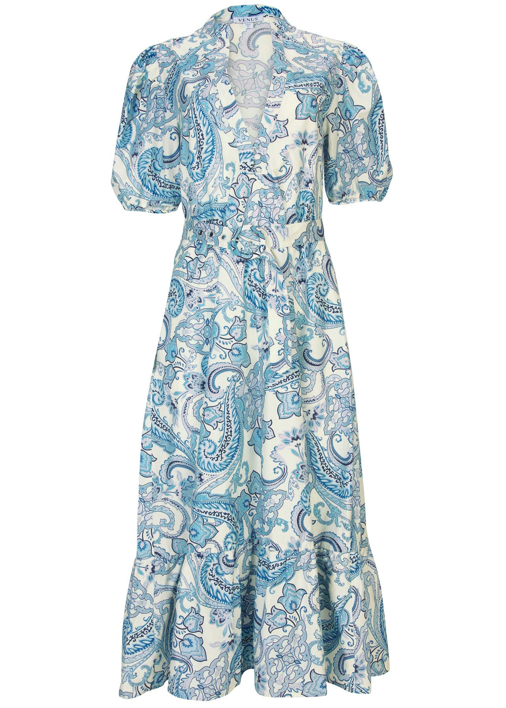 Belted Maxi Dress - Blue Paisley Swirls