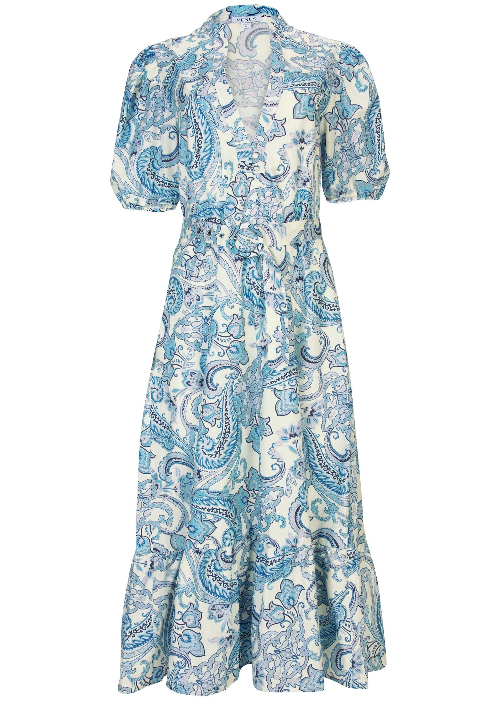 Belted Maxi Dress - Blue Paisley Swirls