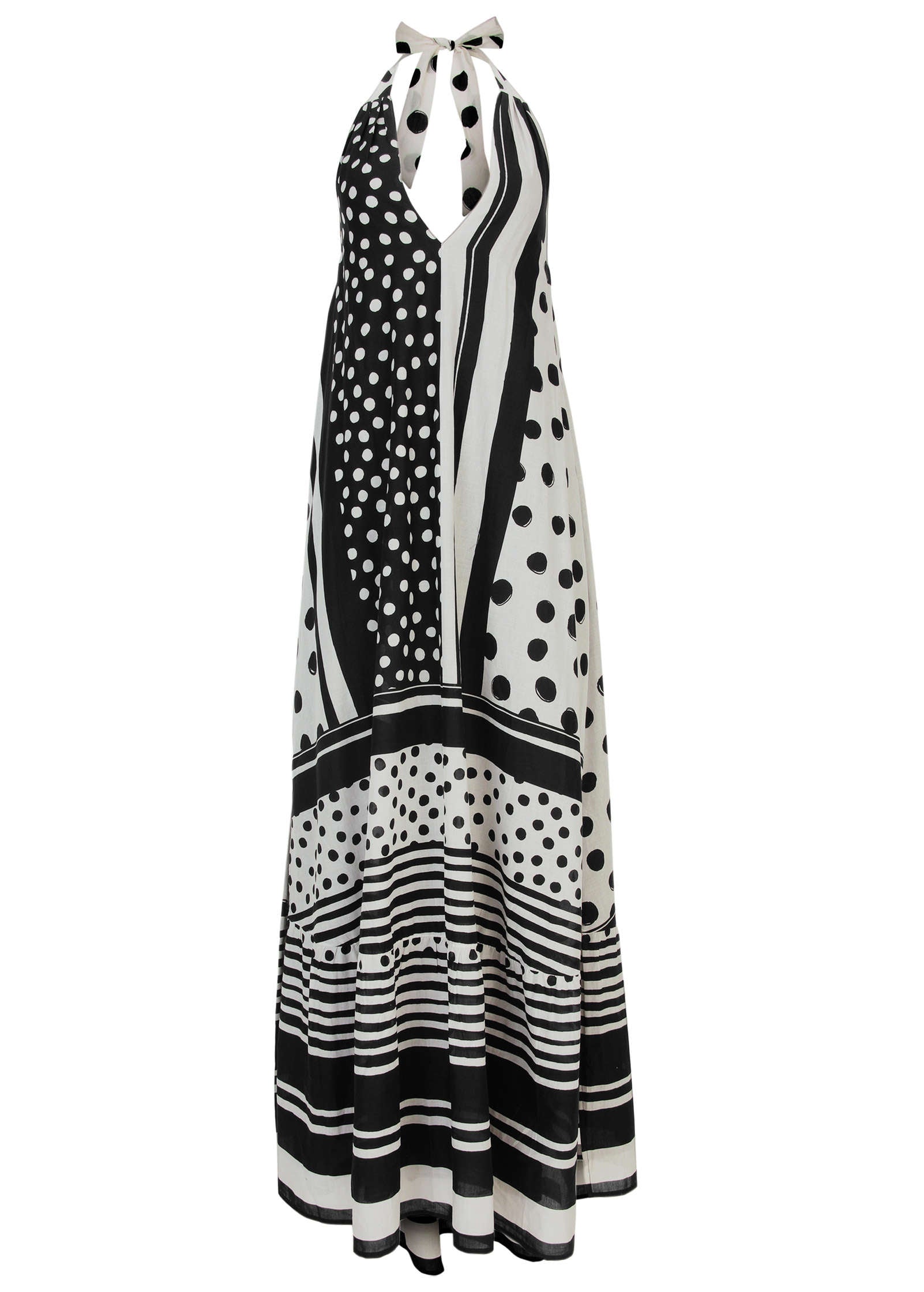 Deep V Halter Maxi Dress - Modern Dot Stripe
