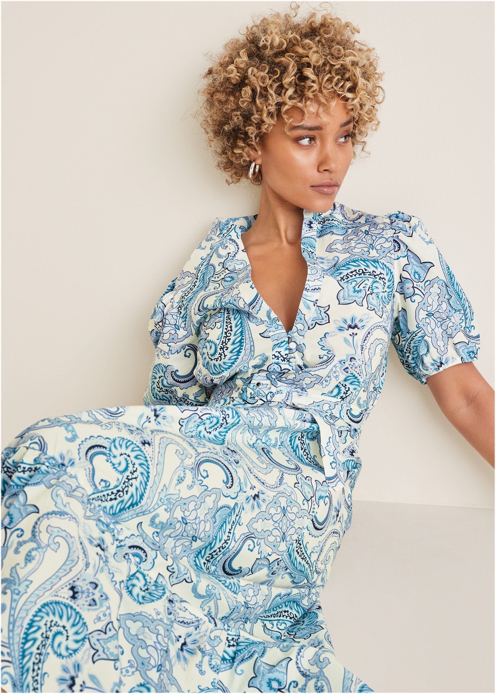 Belted Maxi Dress - Blue Paisley Swirls