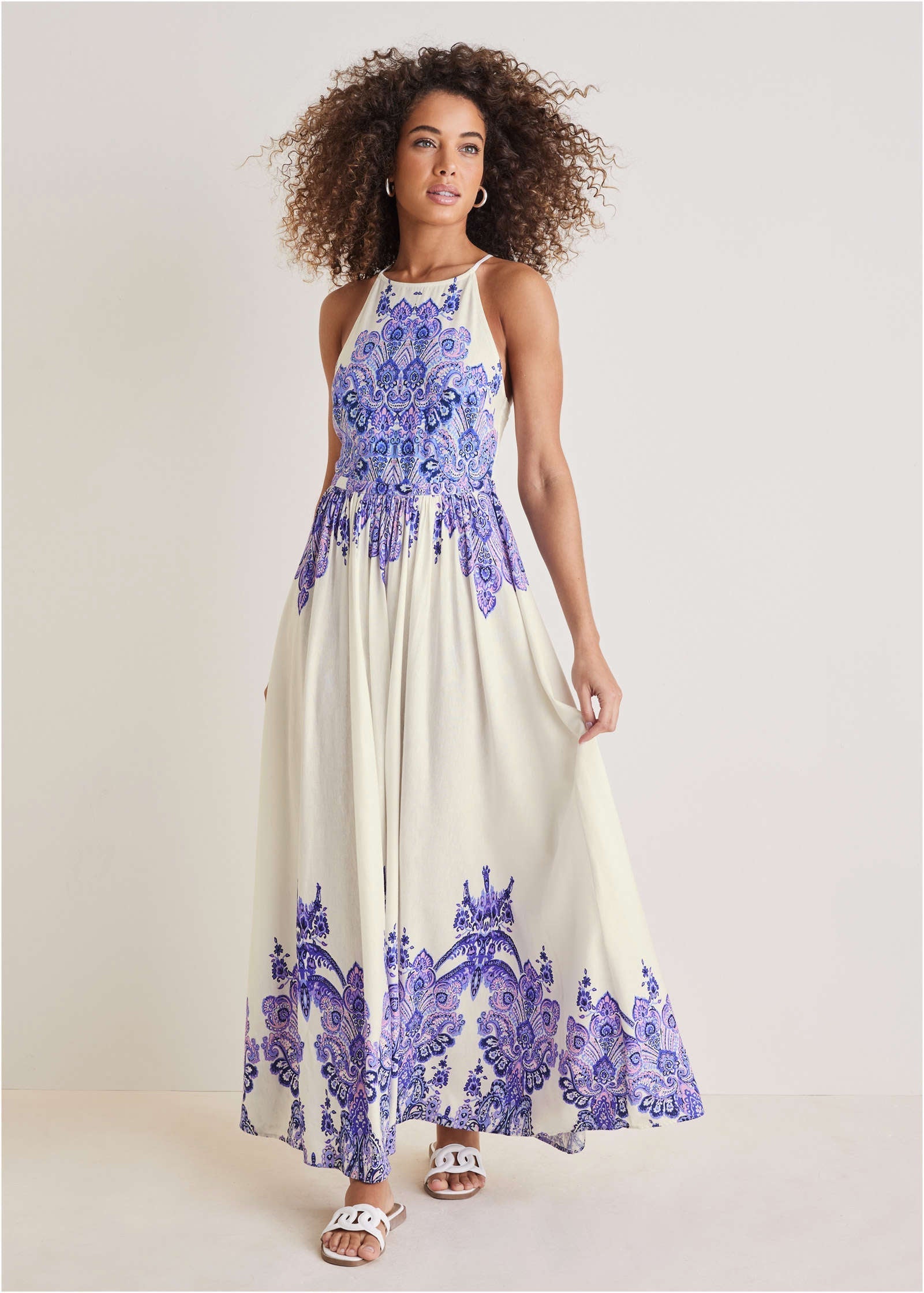 Printed Linen Maxi Dress - Purple Paisley Border