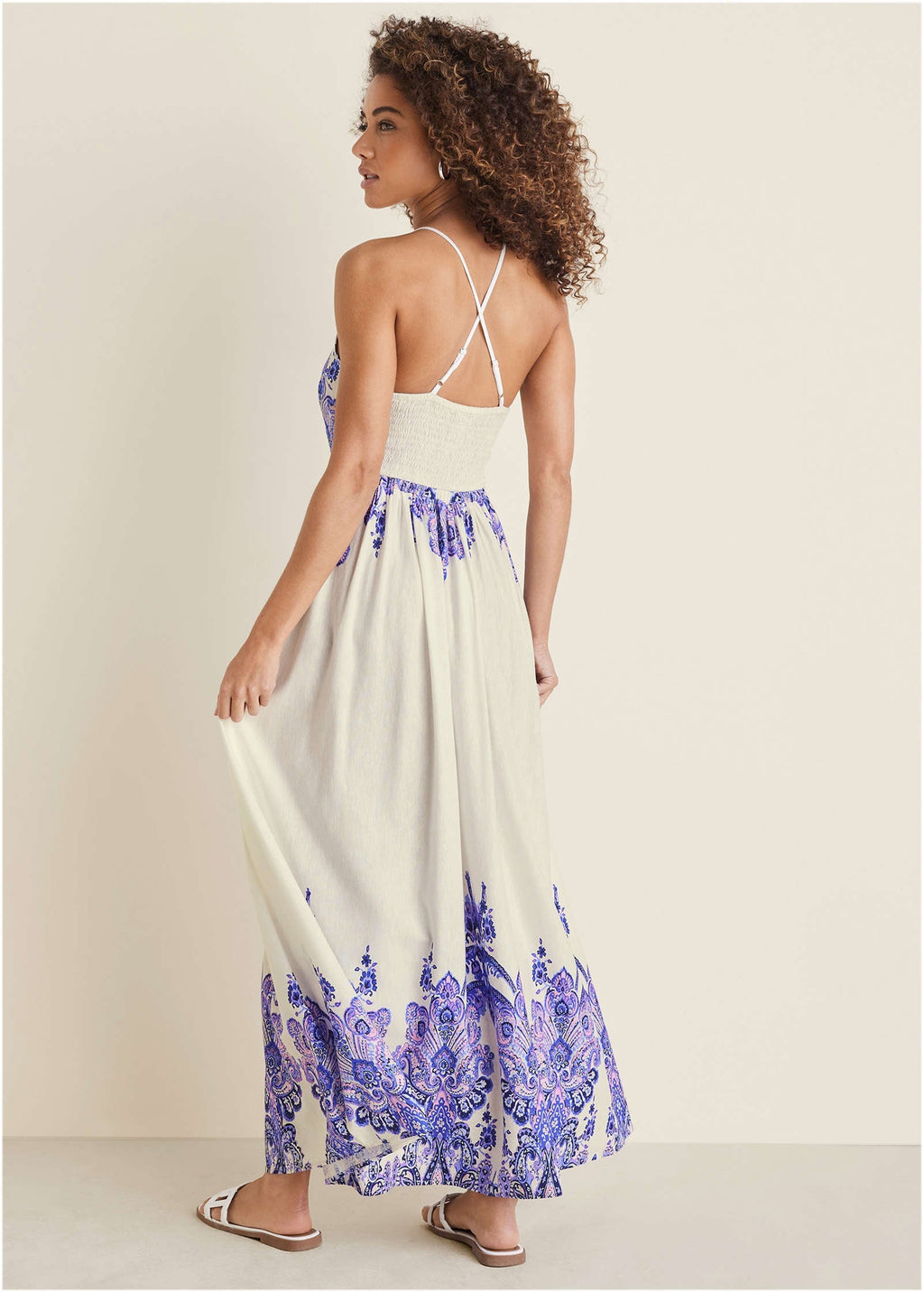 Printed Linen Maxi Dress - Purple Paisley Border
