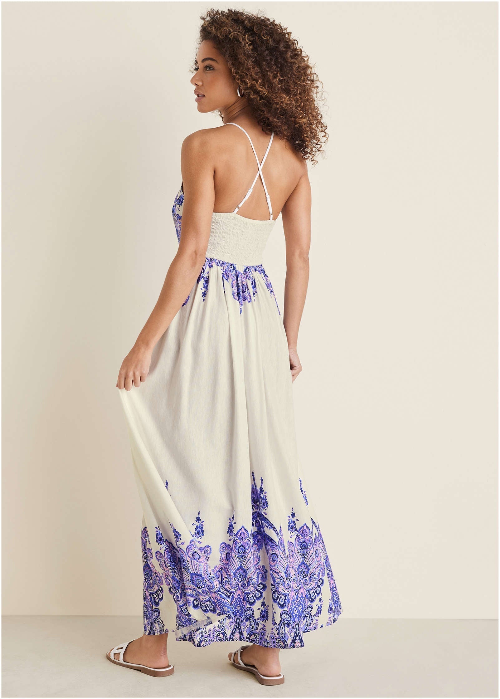 Printed Linen Maxi Dress - Purple Paisley Border