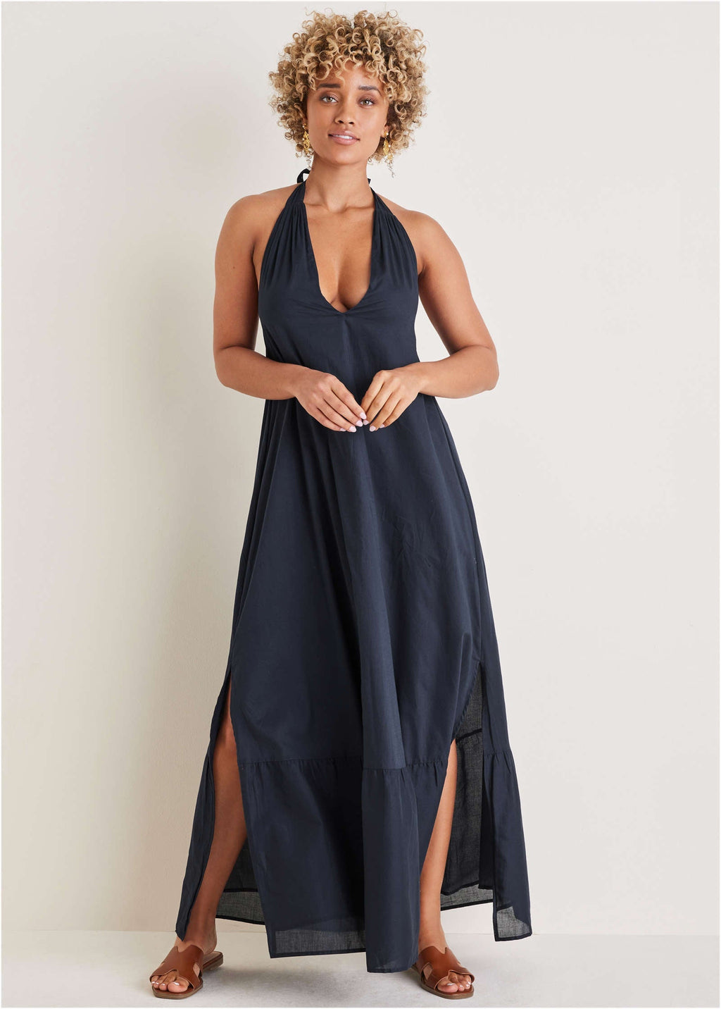 Deep V Halter Maxi Dress - Navy
