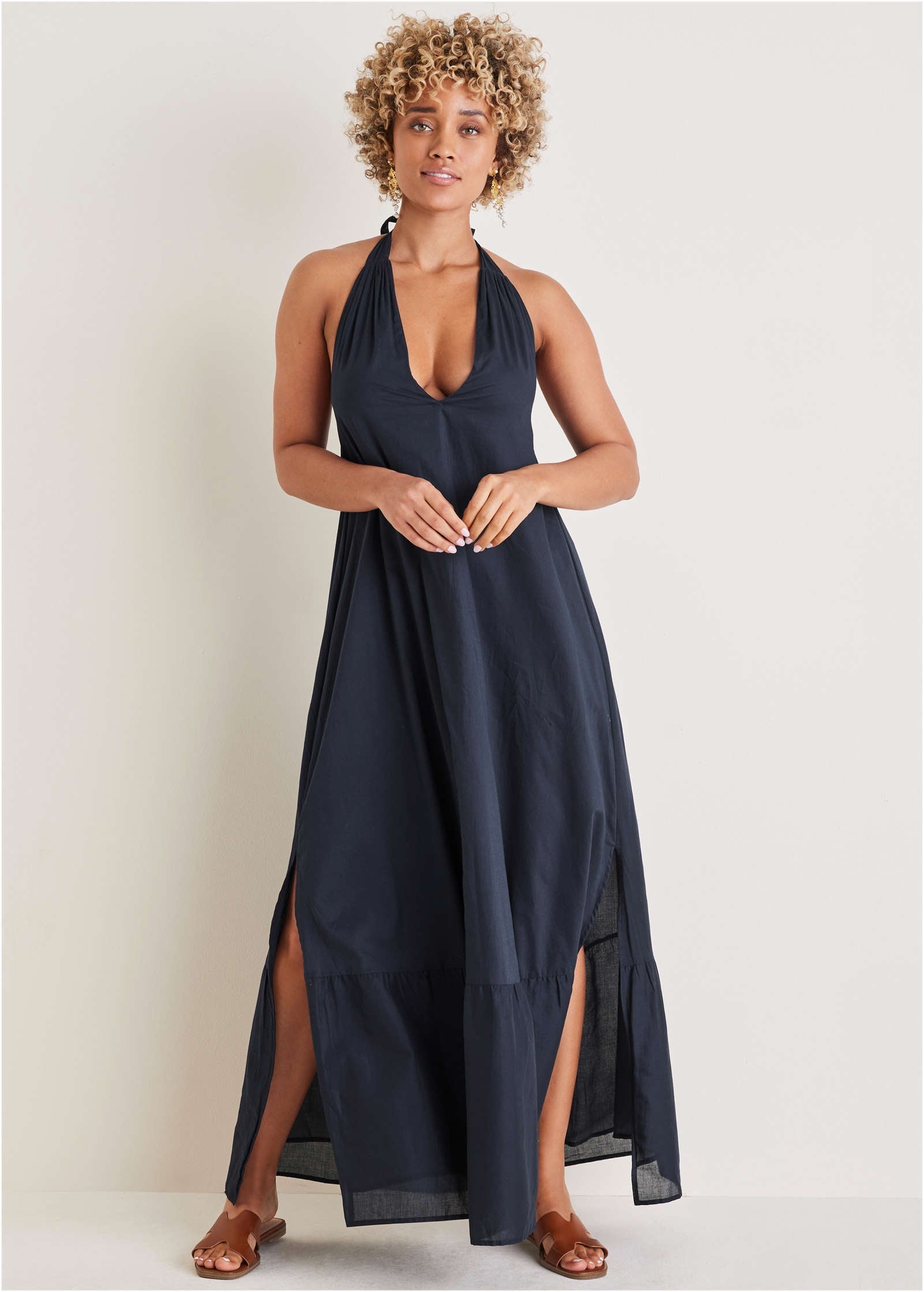 Deep V Halter Maxi Dress - Navy
