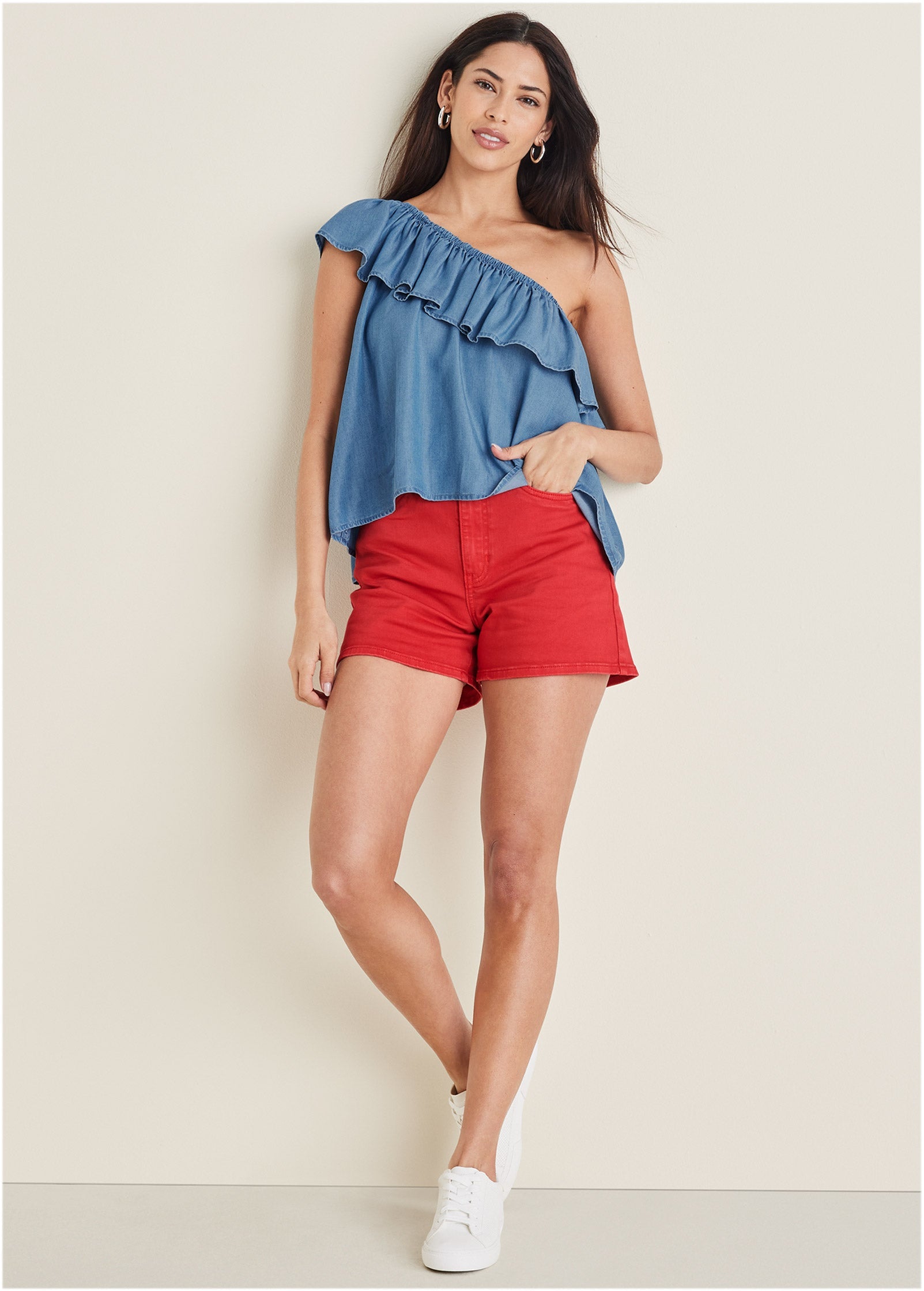 Chambray Ruffle Top - Medium Wash
