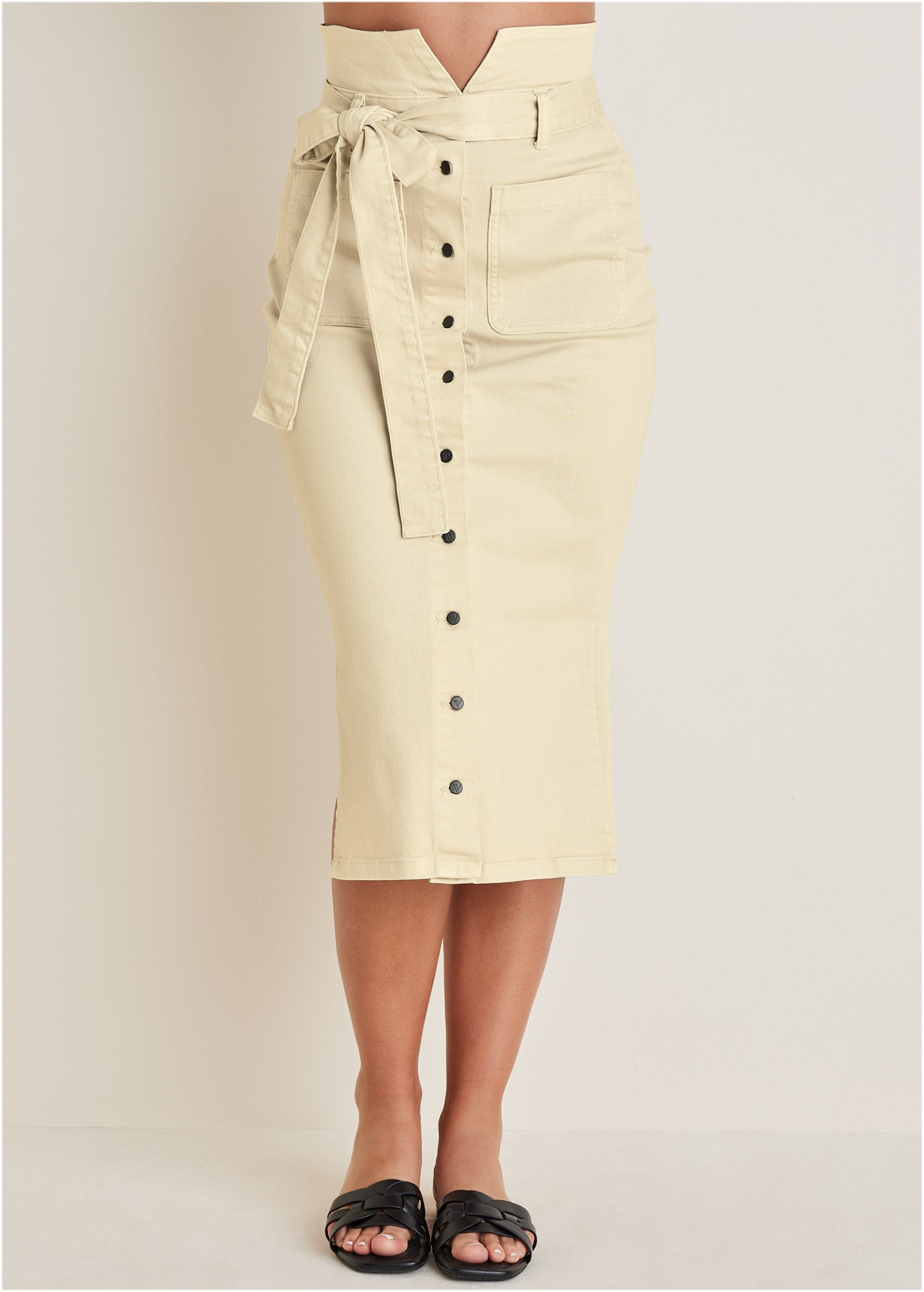 Color Denim Midi Skirt - Cream