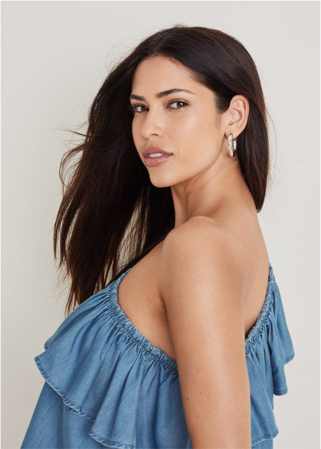 Chambray Ruffle Top - Medium Wash