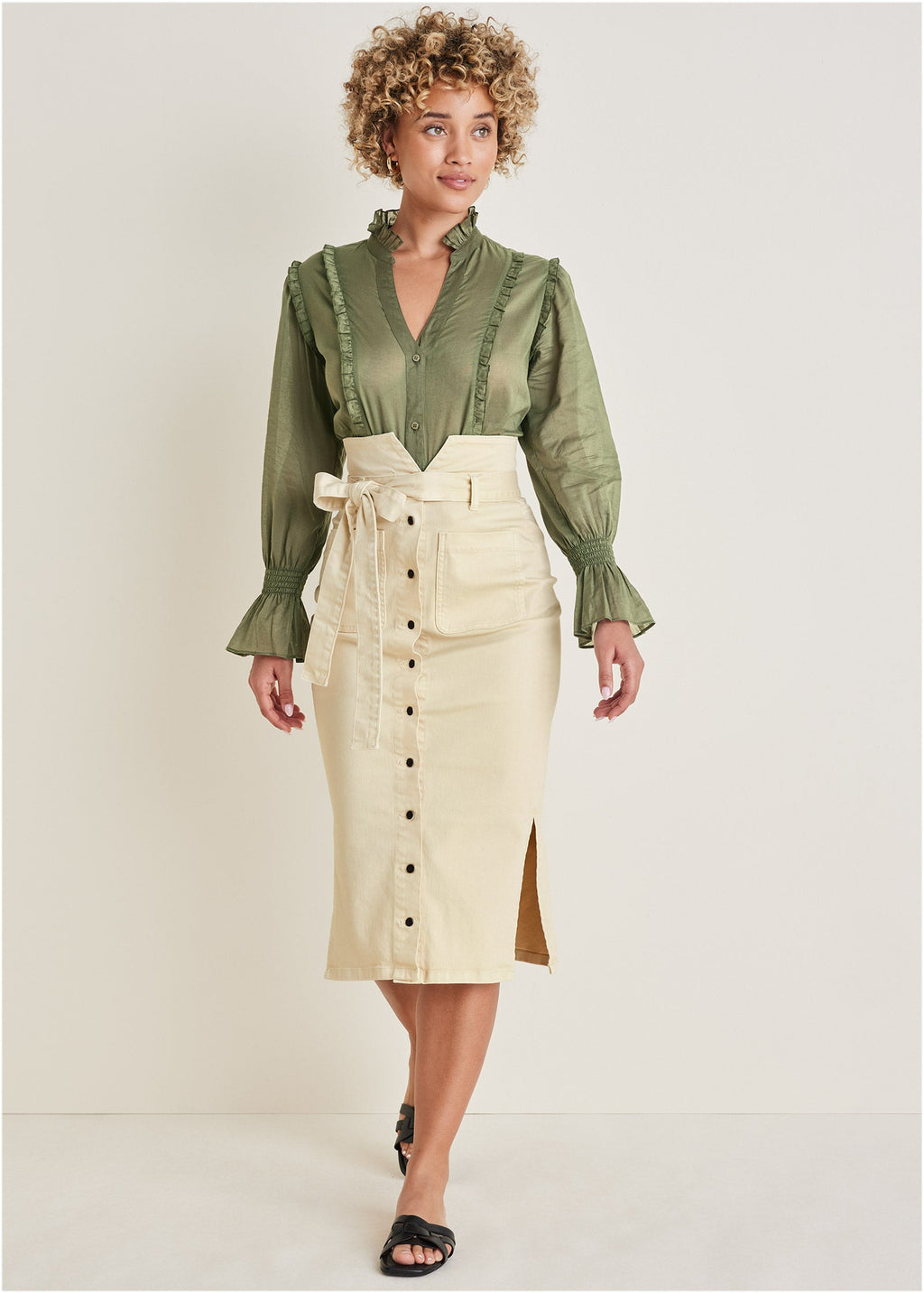 Color Denim Midi Skirt - Cream