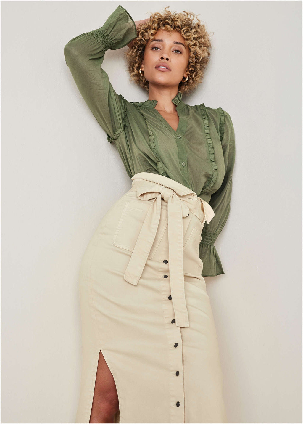 Color Denim Midi Skirt - Cream