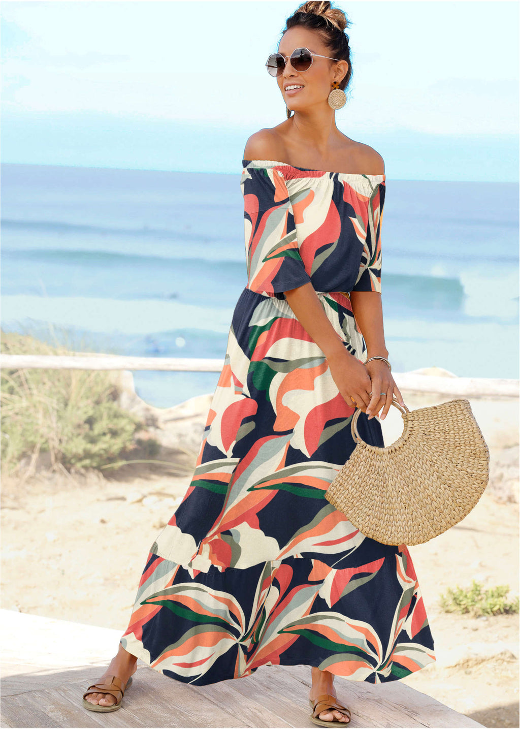 Off-The-Shoulder Maxi Dress - Navy Multi