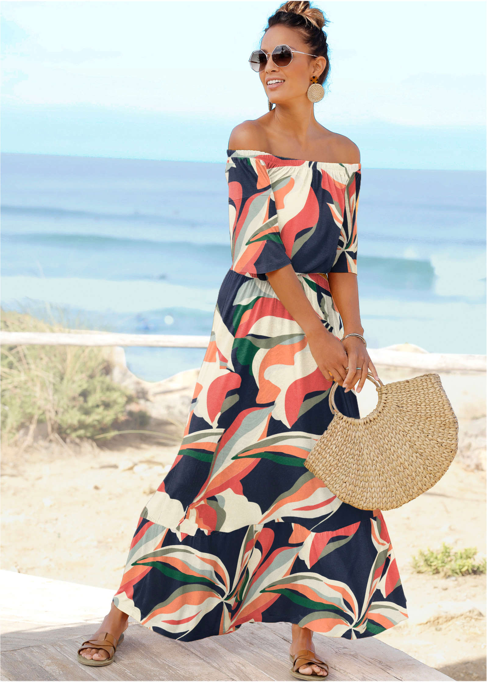 Off-The-Shoulder Maxi Dress - Navy Multi