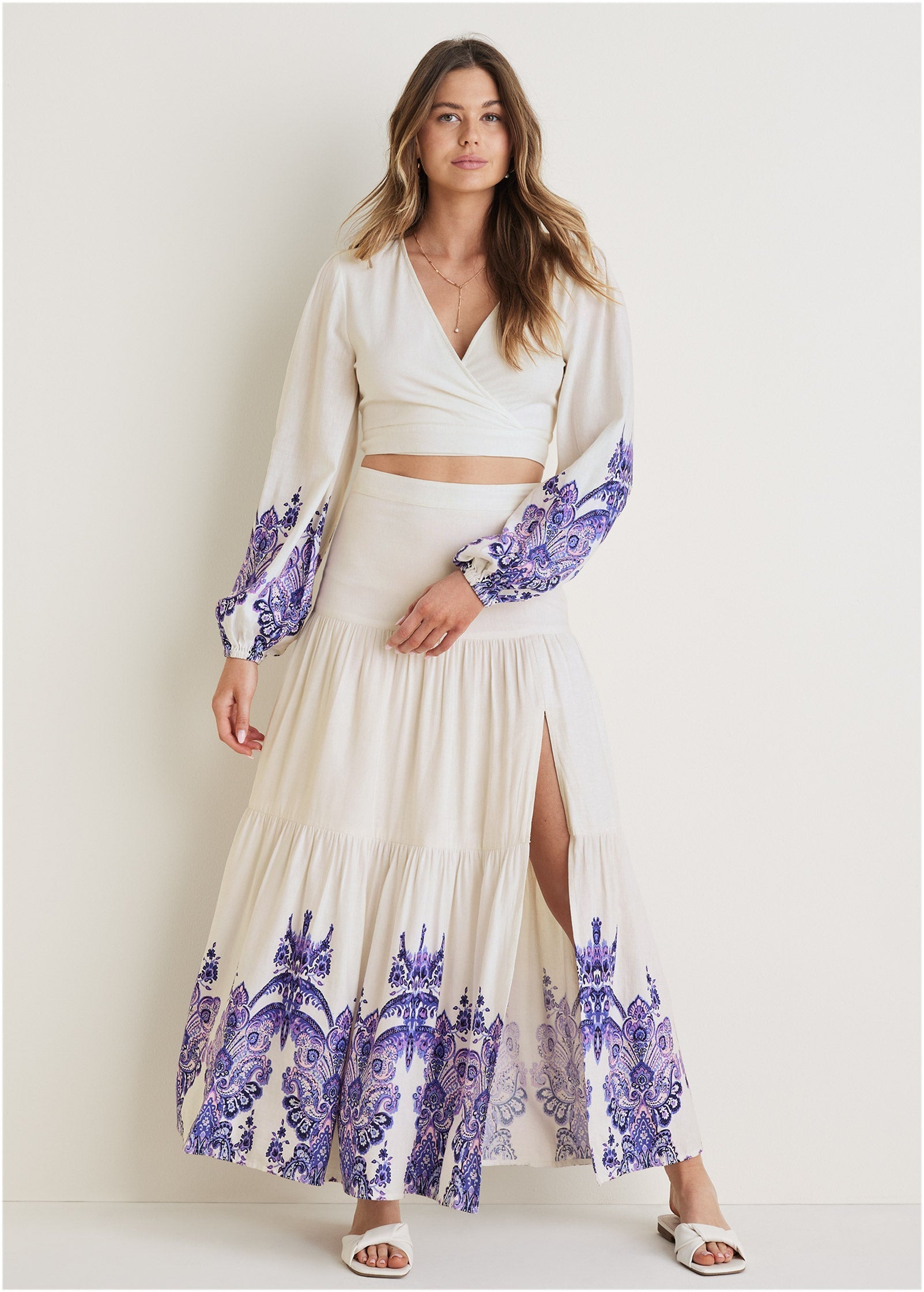 Printed Linen Two-Piece Set - Purple Paisley Border