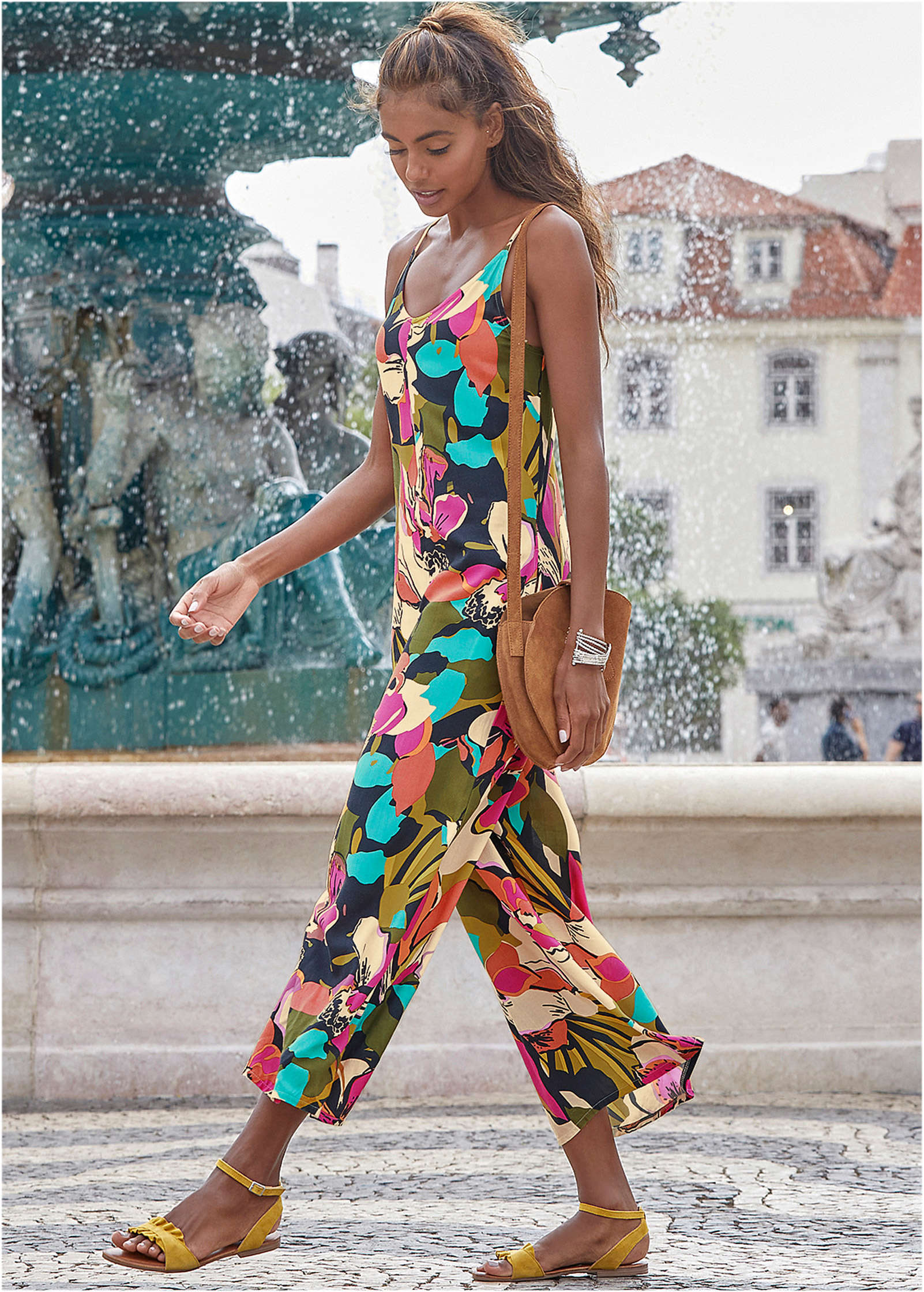Cropped Printed Jumpsuit - Pink Multi