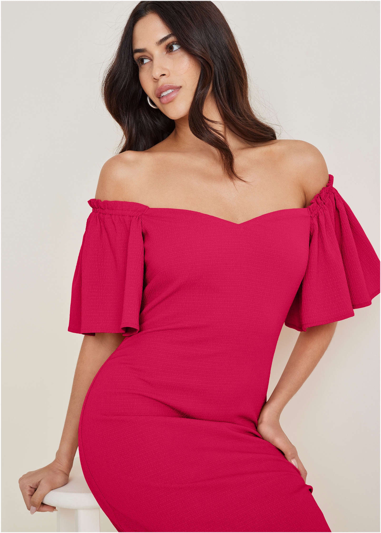 Fluted Satin Midi Dress - Dark Pink