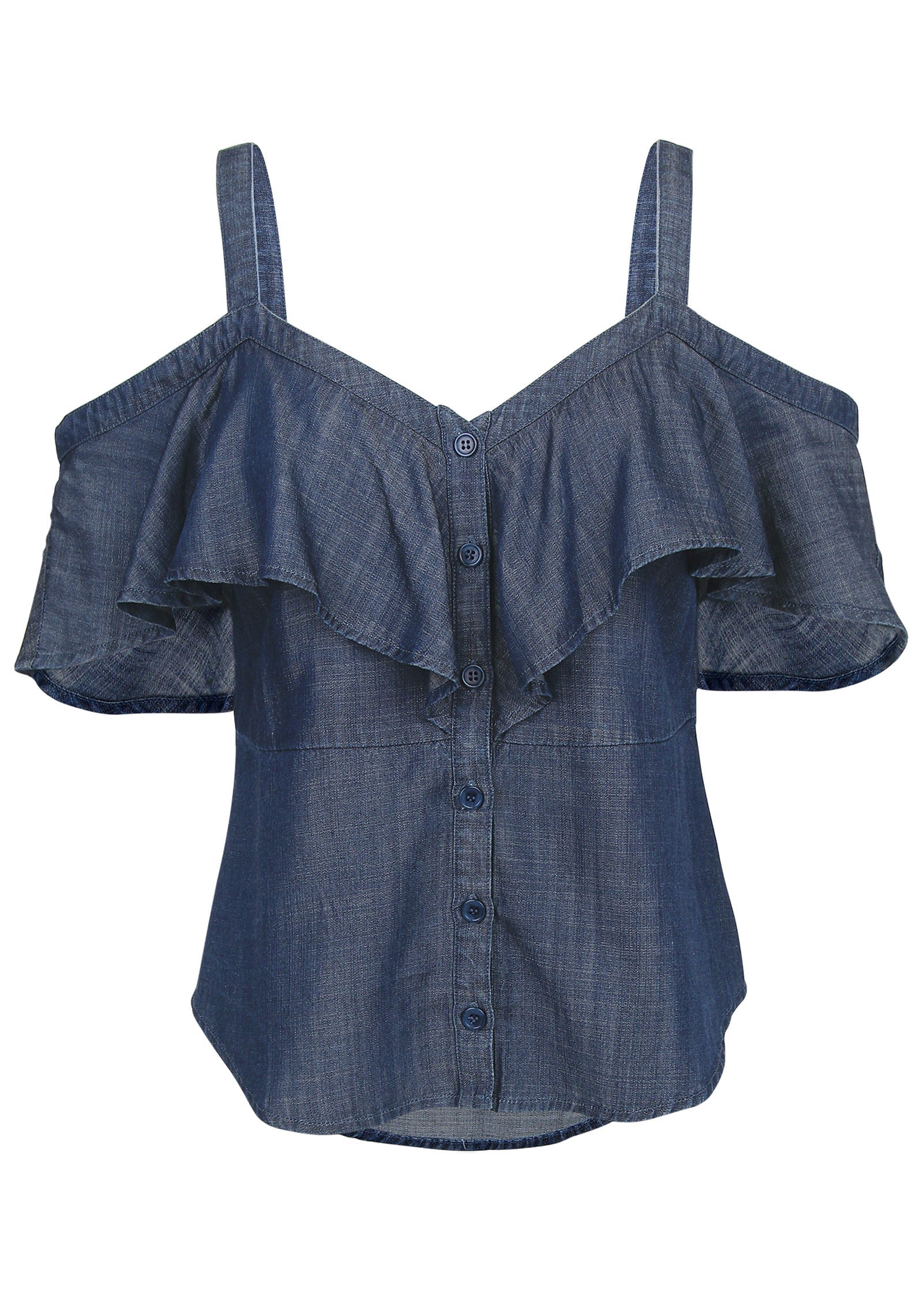 Chambray Ruffle Top - Dark Wash