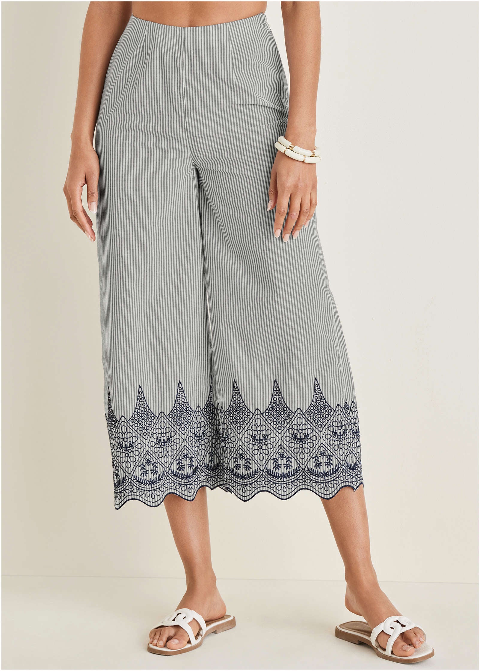 Pinstripe Eyelet Crop Pants - Black & Ecru