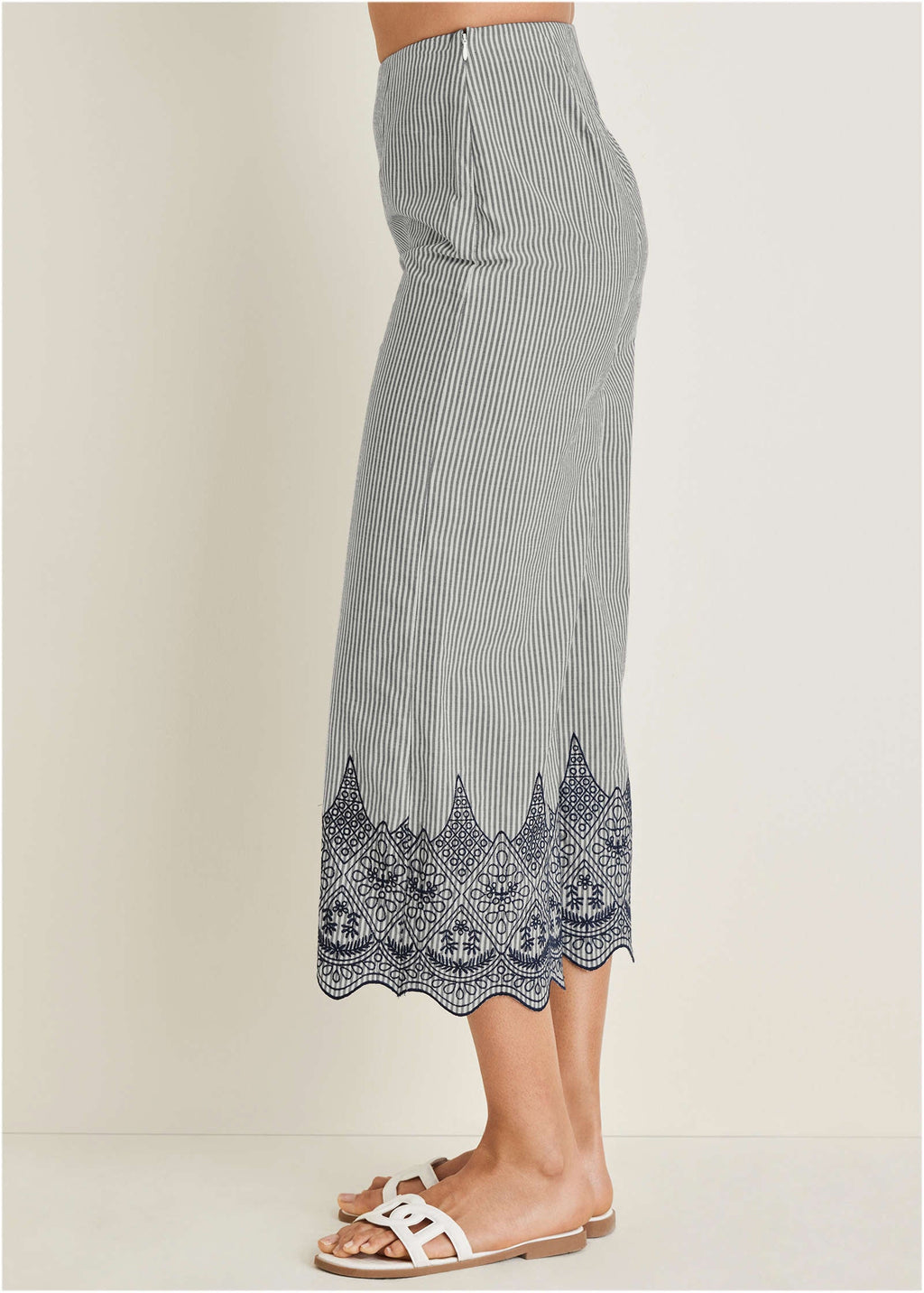 Pinstripe Eyelet Crop Pants - Black & Ecru