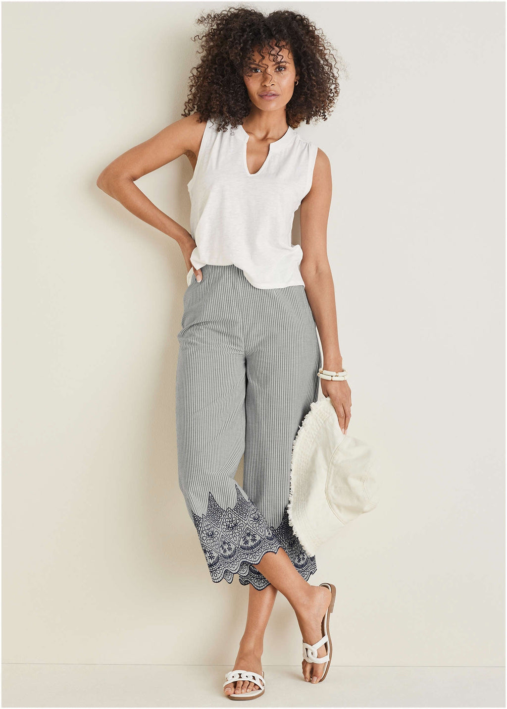 Pinstripe Eyelet Crop Pants - Black & Ecru