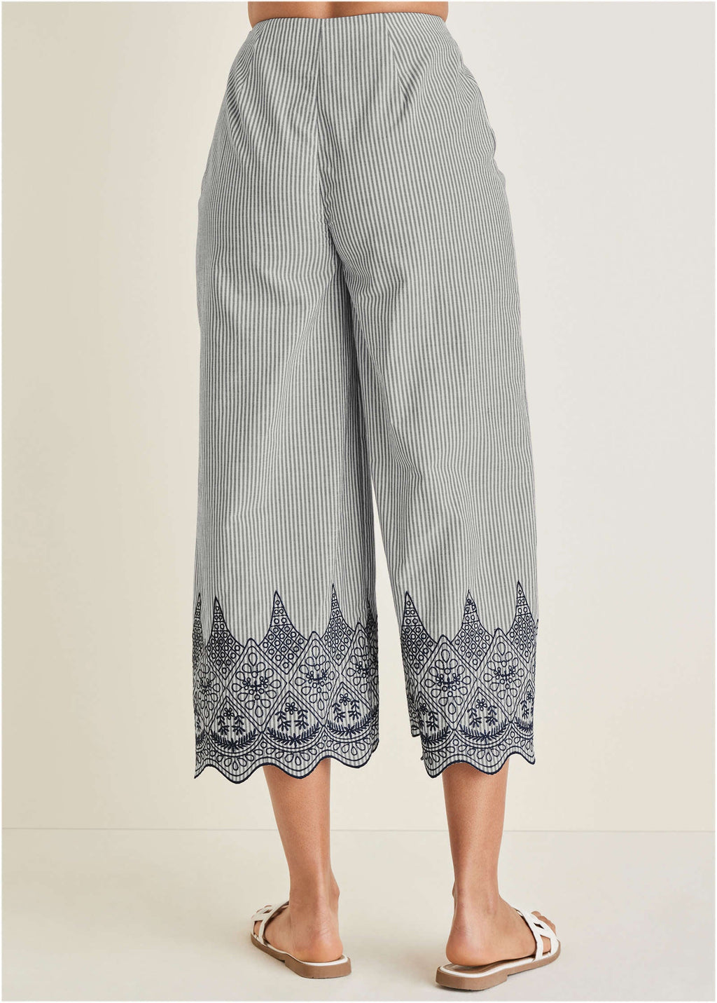 Pinstripe Eyelet Crop Pants - Black & Ecru