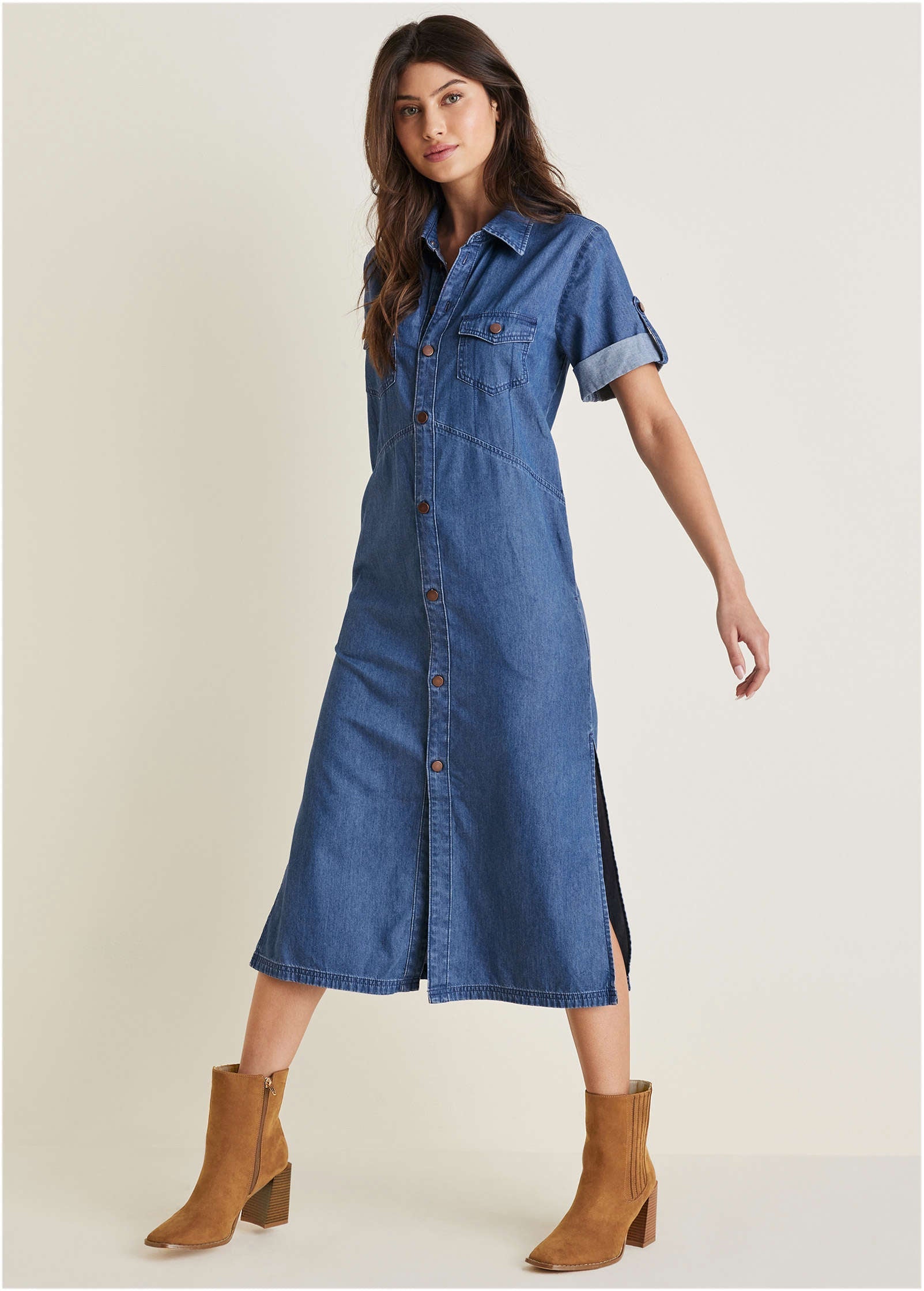 Denim Midi Shirt Dress - Medium Wash