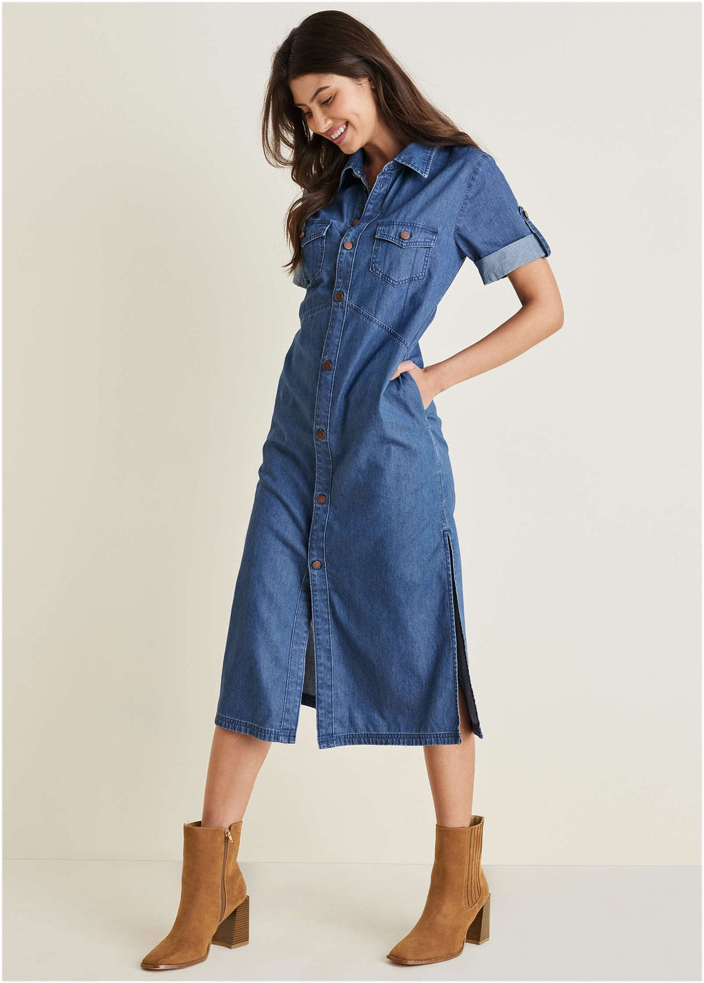Denim Midi Shirt Dress - Medium Wash
