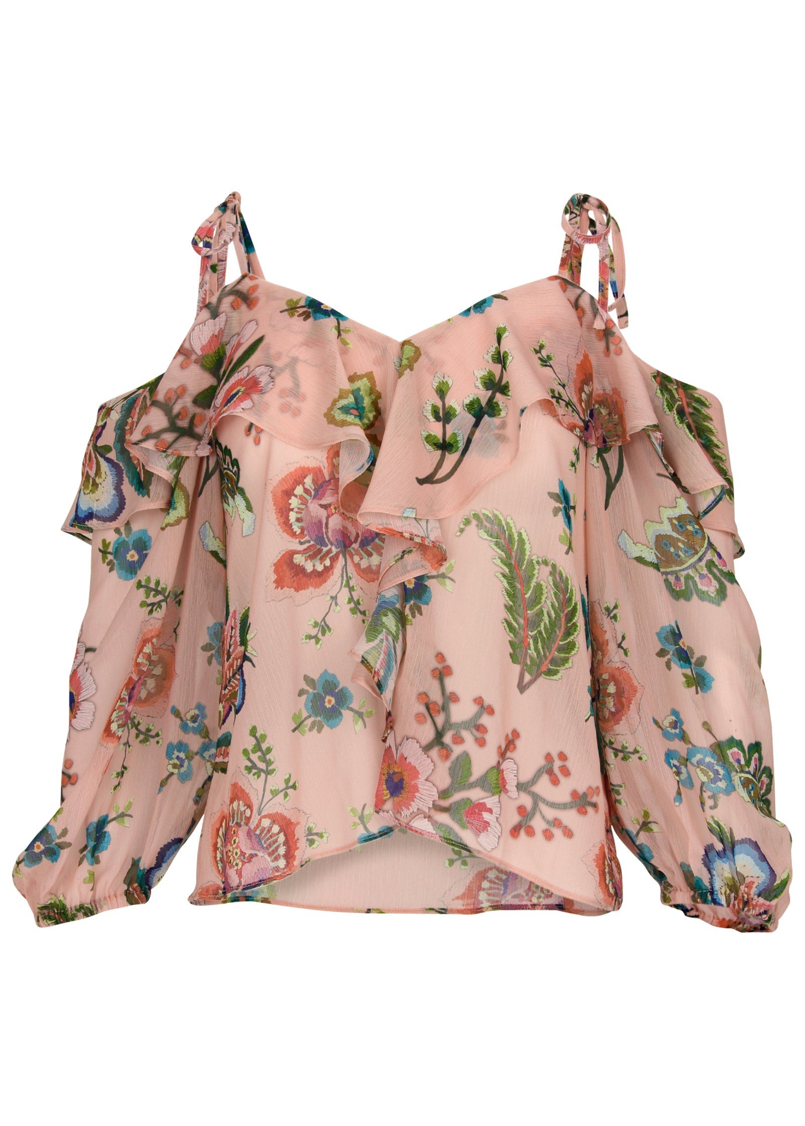 Chiffon Cold Shoulder Top - Allover Needlework Floral