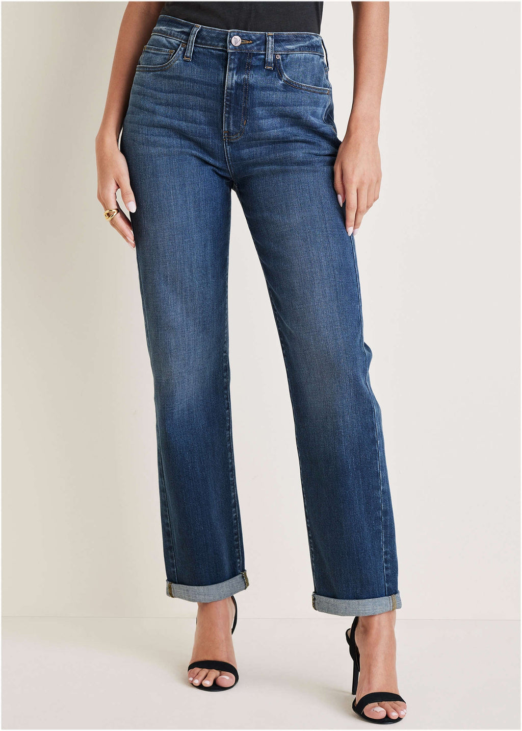 Rolled Cuff Relaxed Jeans - Medium Wash