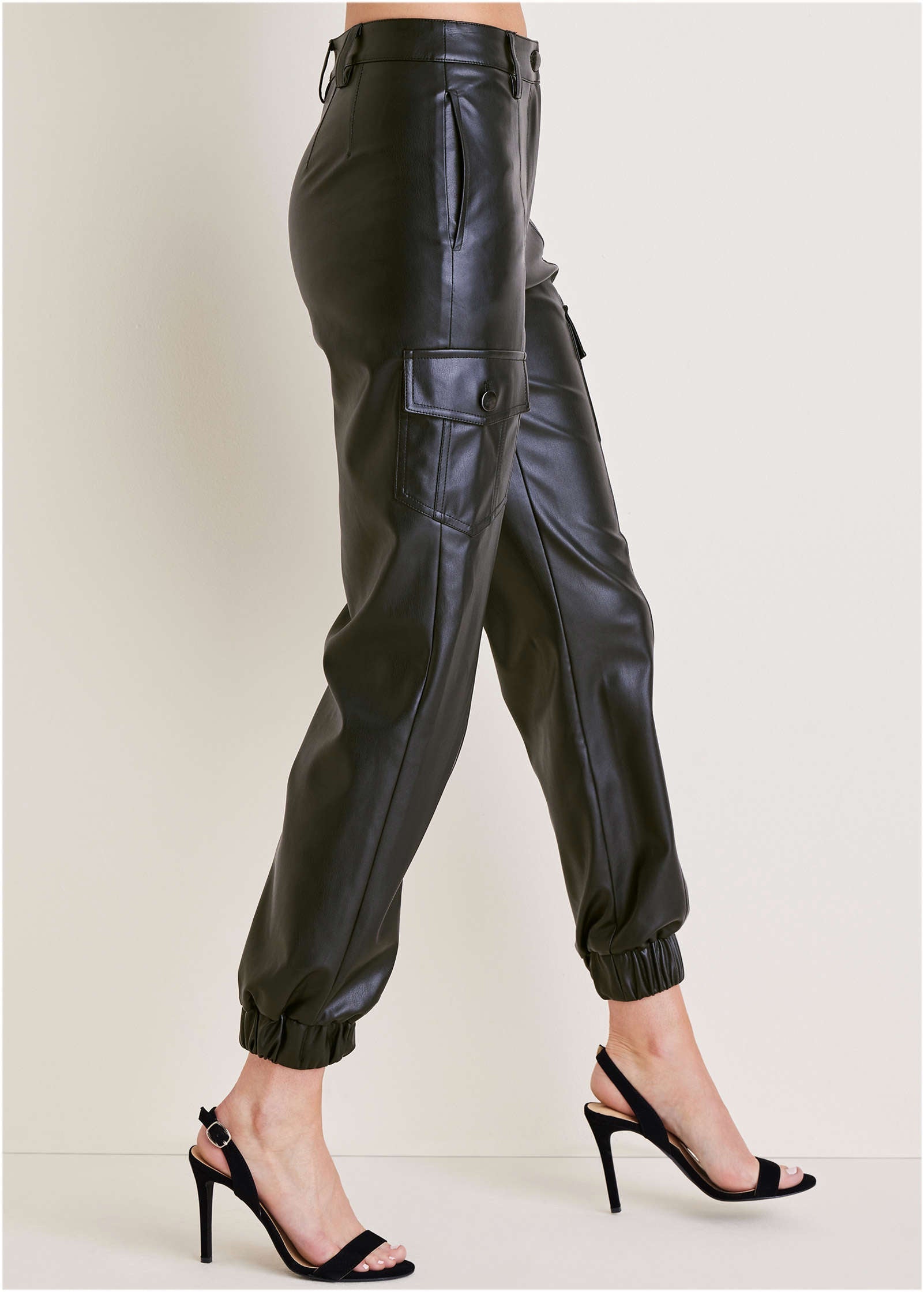 Faux Leather Cargo Pants  - Jet Black