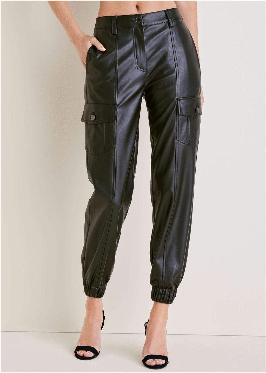 Faux Leather Cargo Pants  - Jet Black