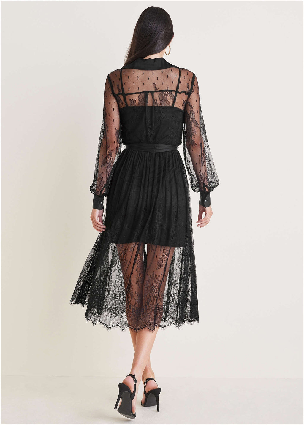 Lace Belted Midi Dress - Jet Black