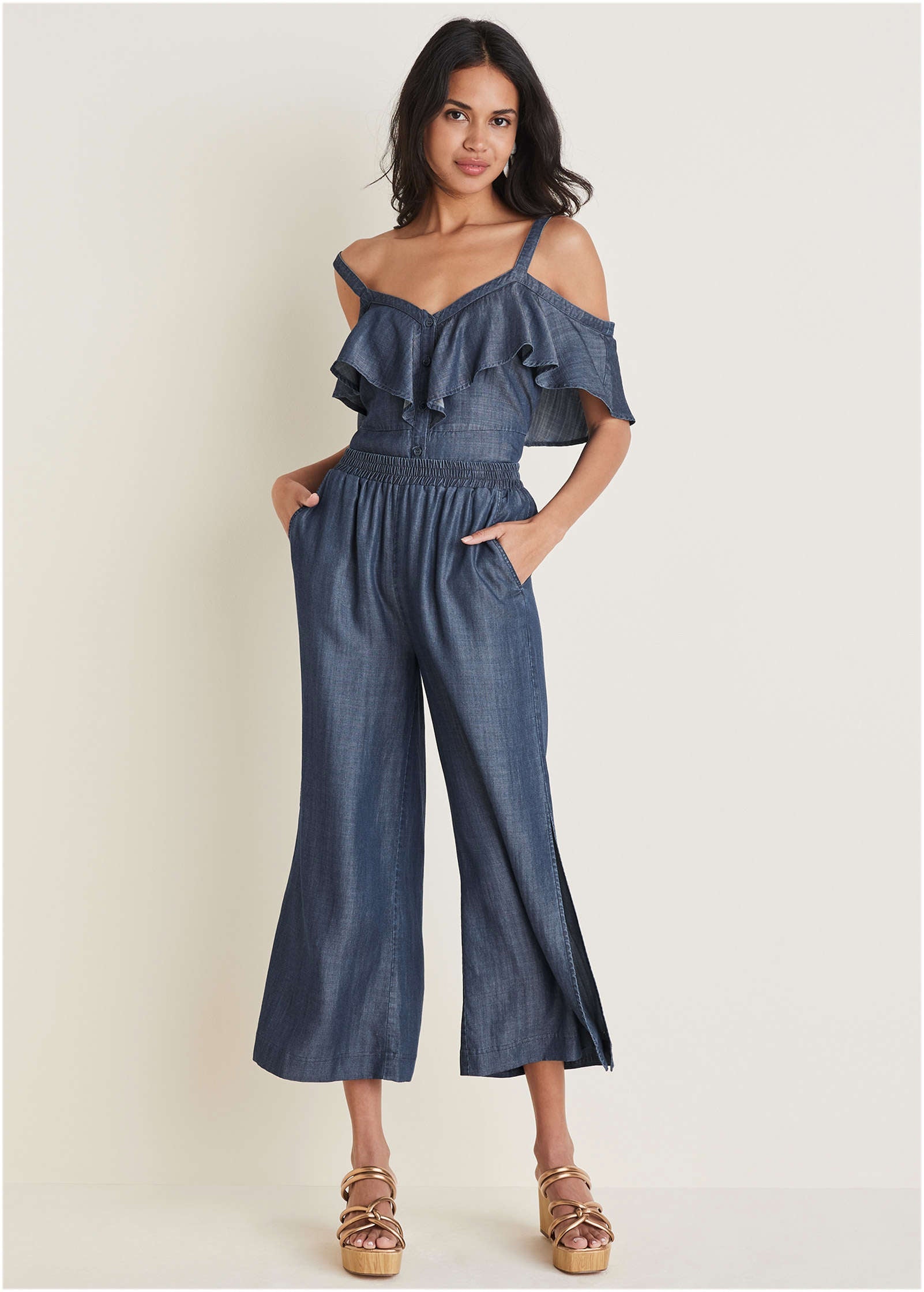 Chambray Cropped Pants  - Dark Wash