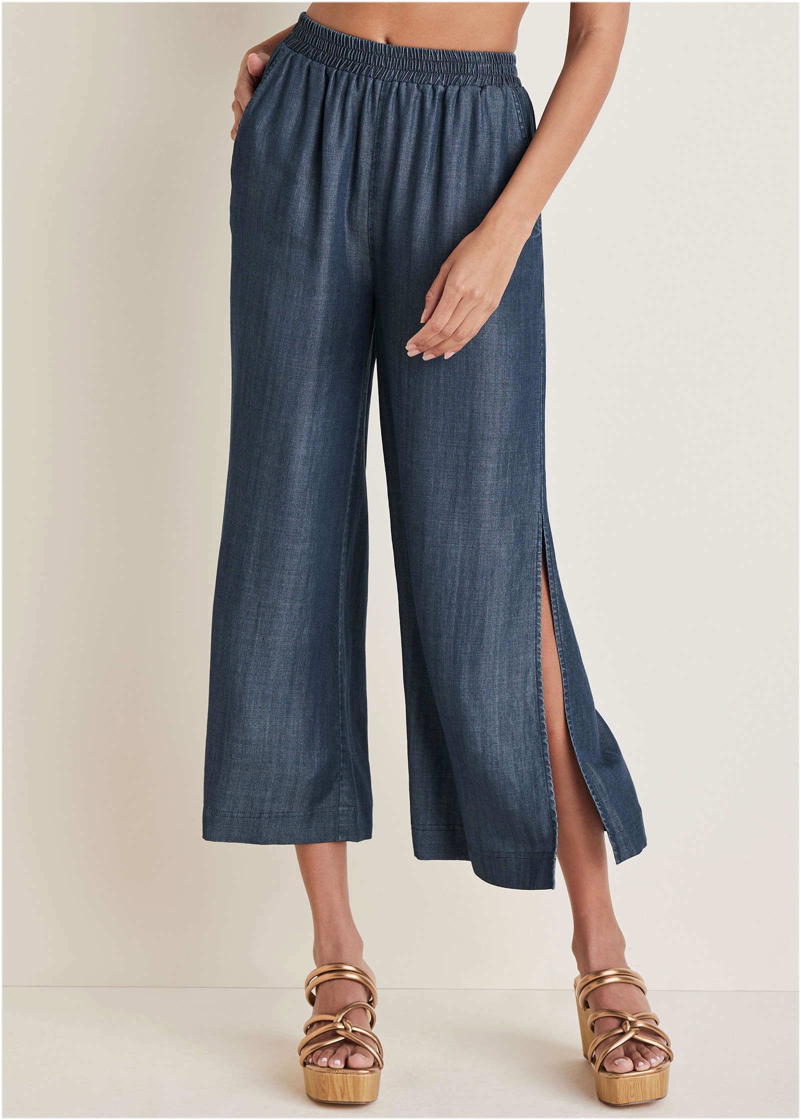Chambray Cropped Pants  - Dark Wash