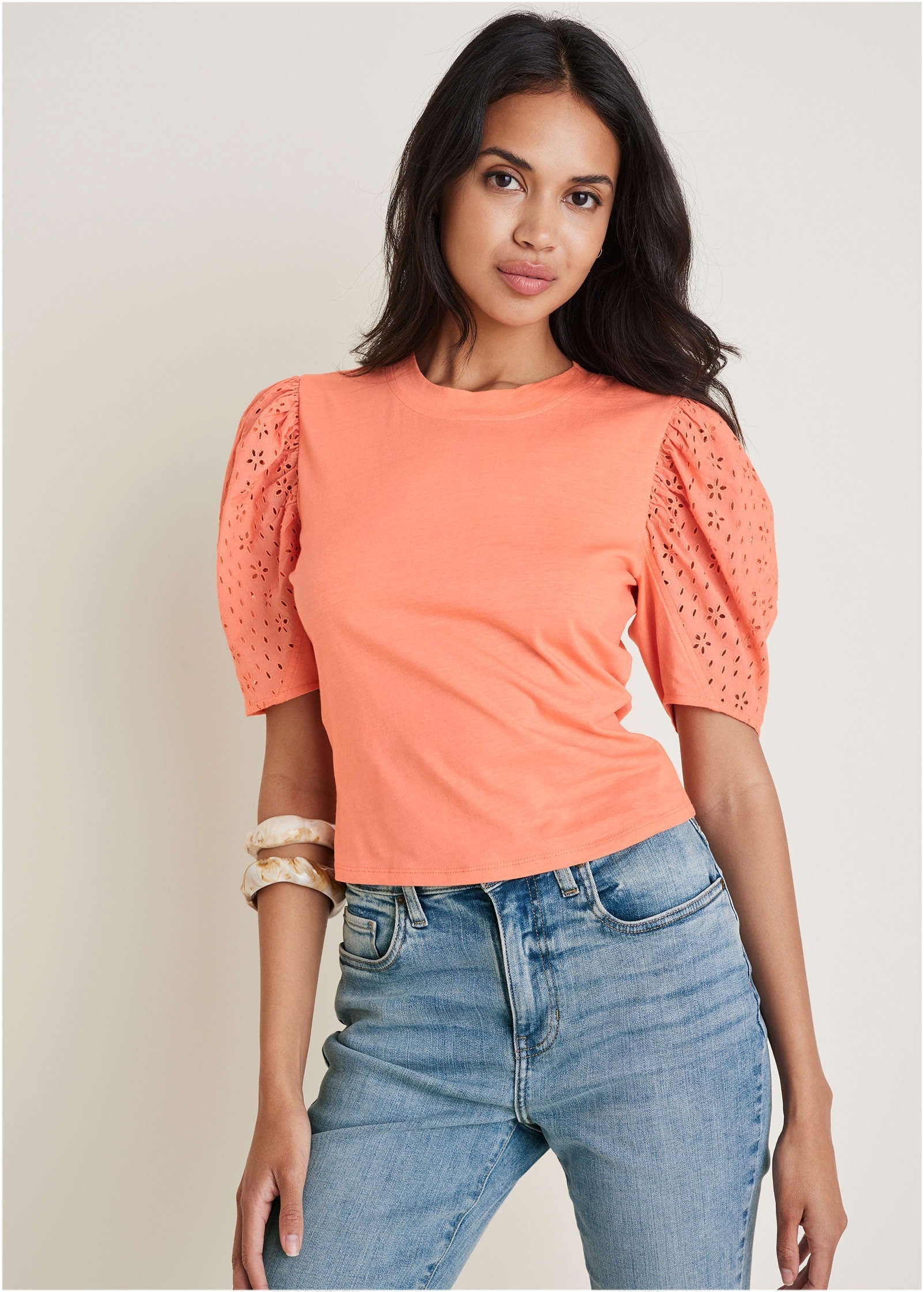 Eyelet Puff Sleeve Top - Burnt Coral
