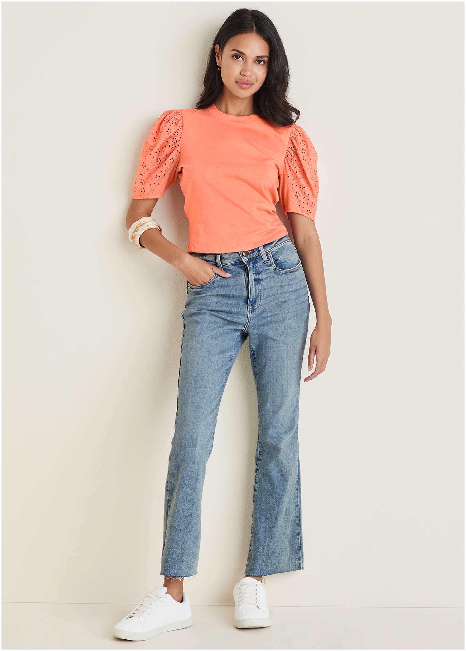 Eyelet Puff Sleeve Top - Burnt Coral