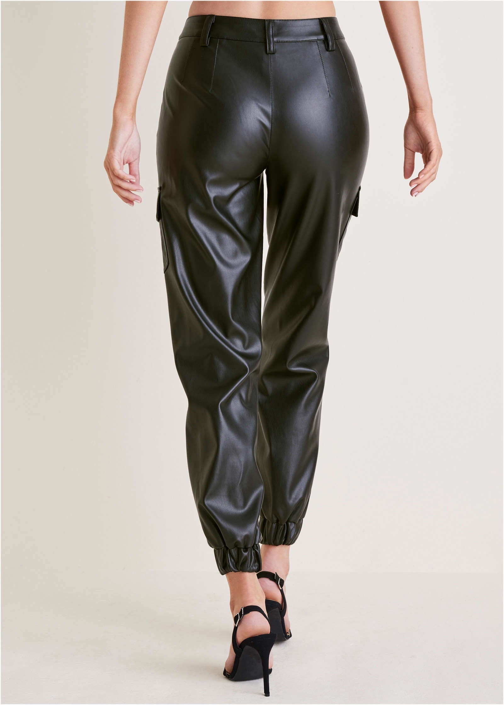 Faux Leather Cargo Pants  - Jet Black