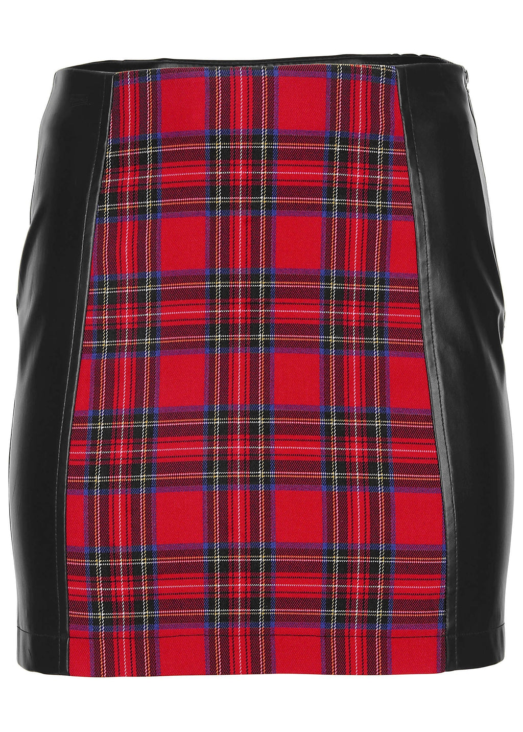 Plaid Faux Leather Skirt - Racing Red Multi
