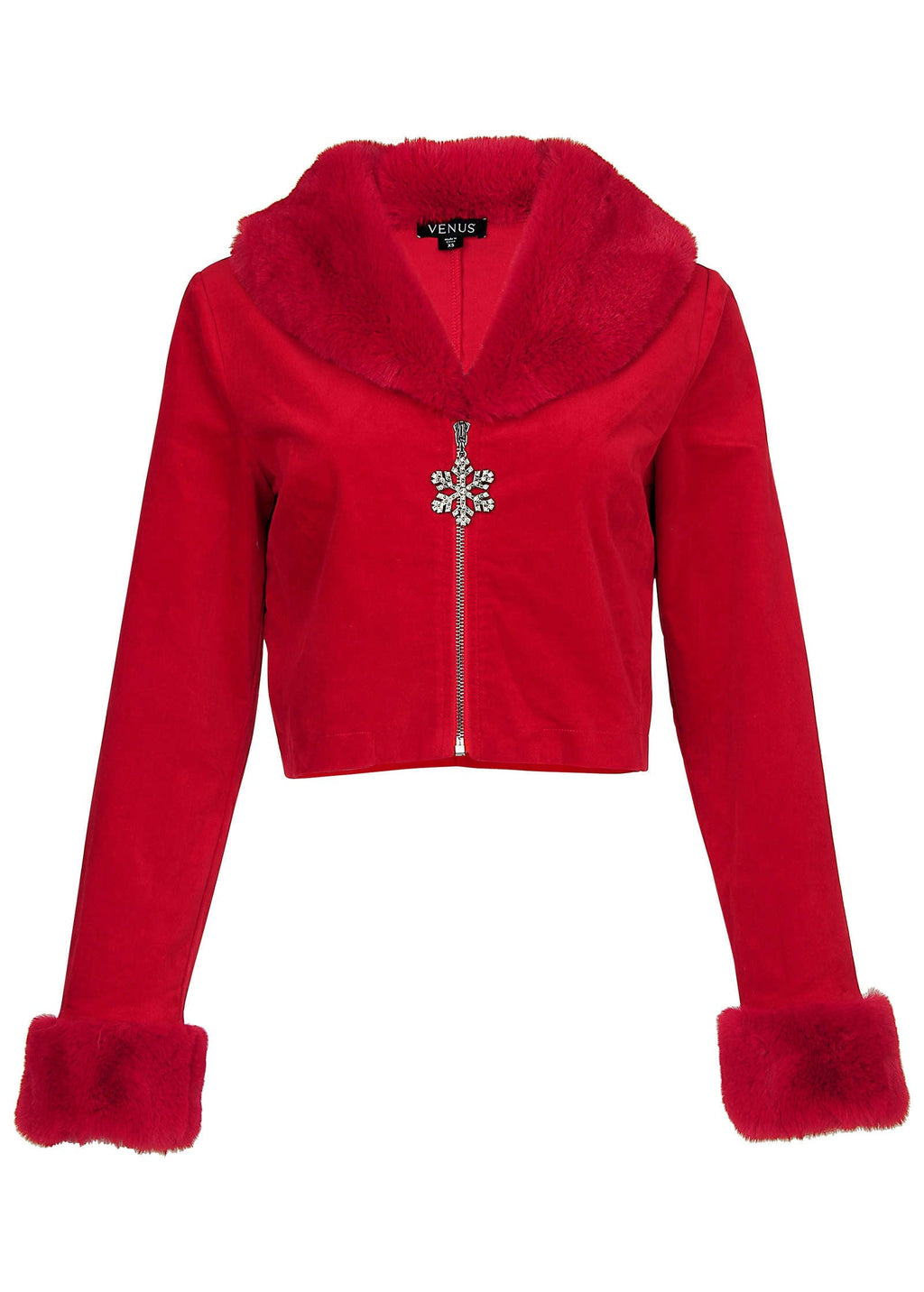 Faux Fur Trim Velvet Coat - Haute Red