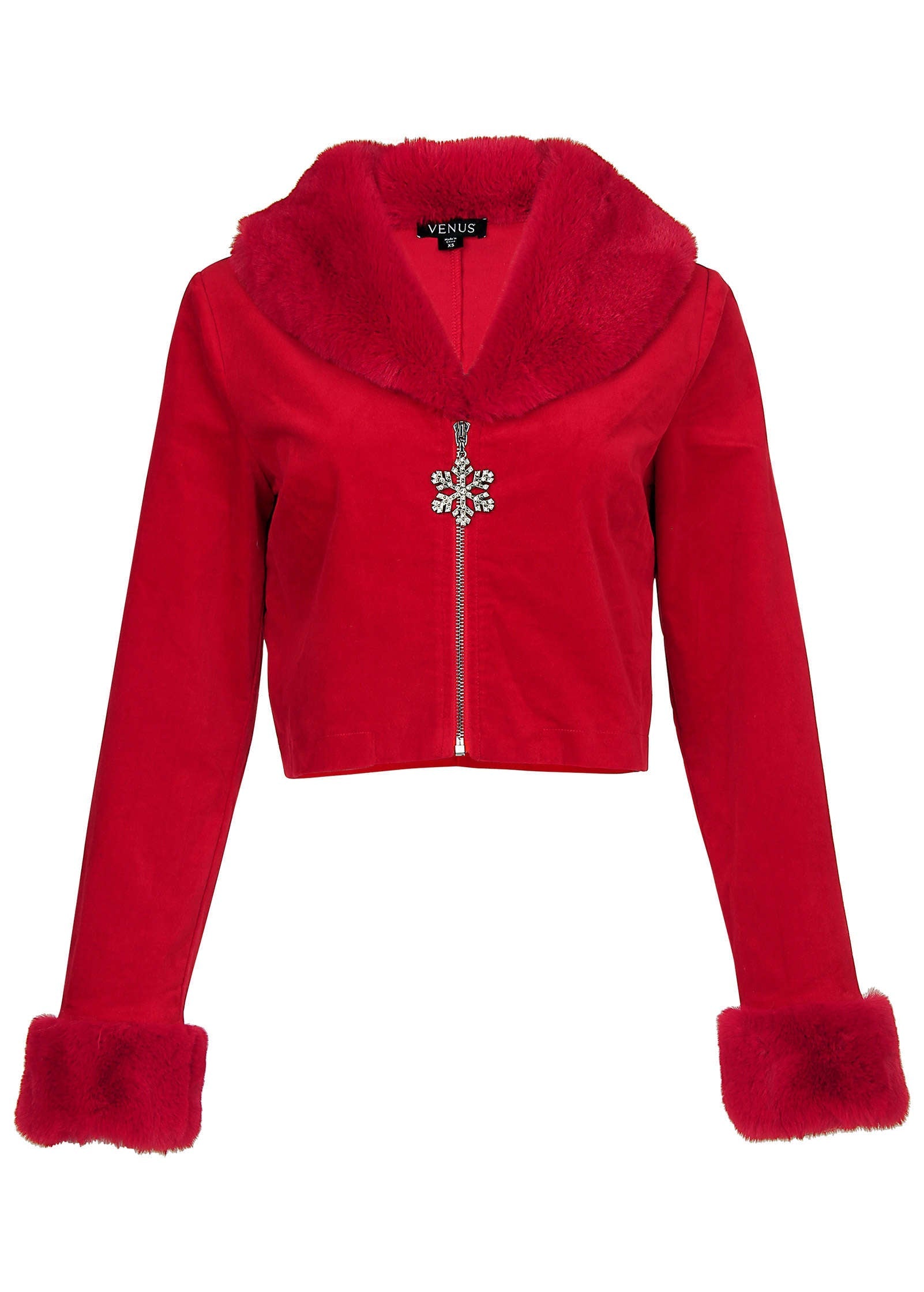 Faux Fur Trim Velvet Coat - Haute Red