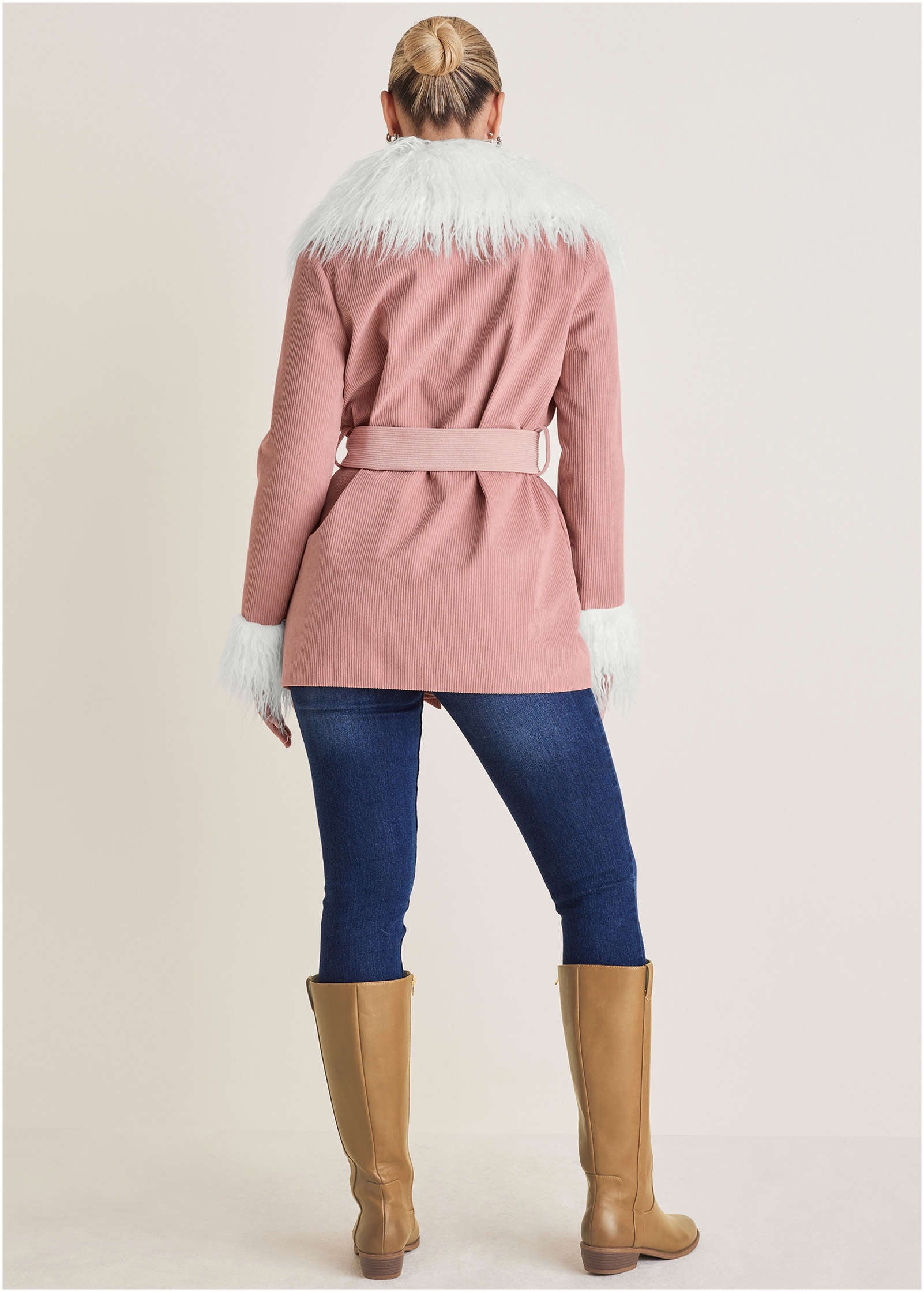 Corduroy Fur Trim Coat - Pink