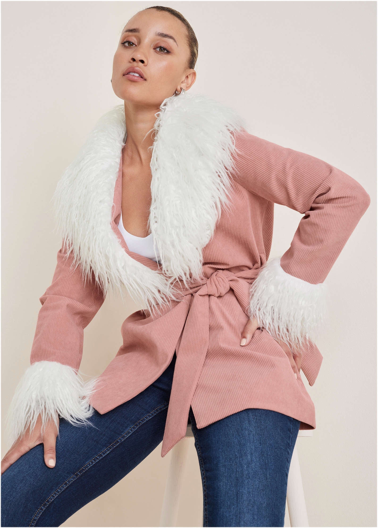 Corduroy Fur Trim Coat - Pink