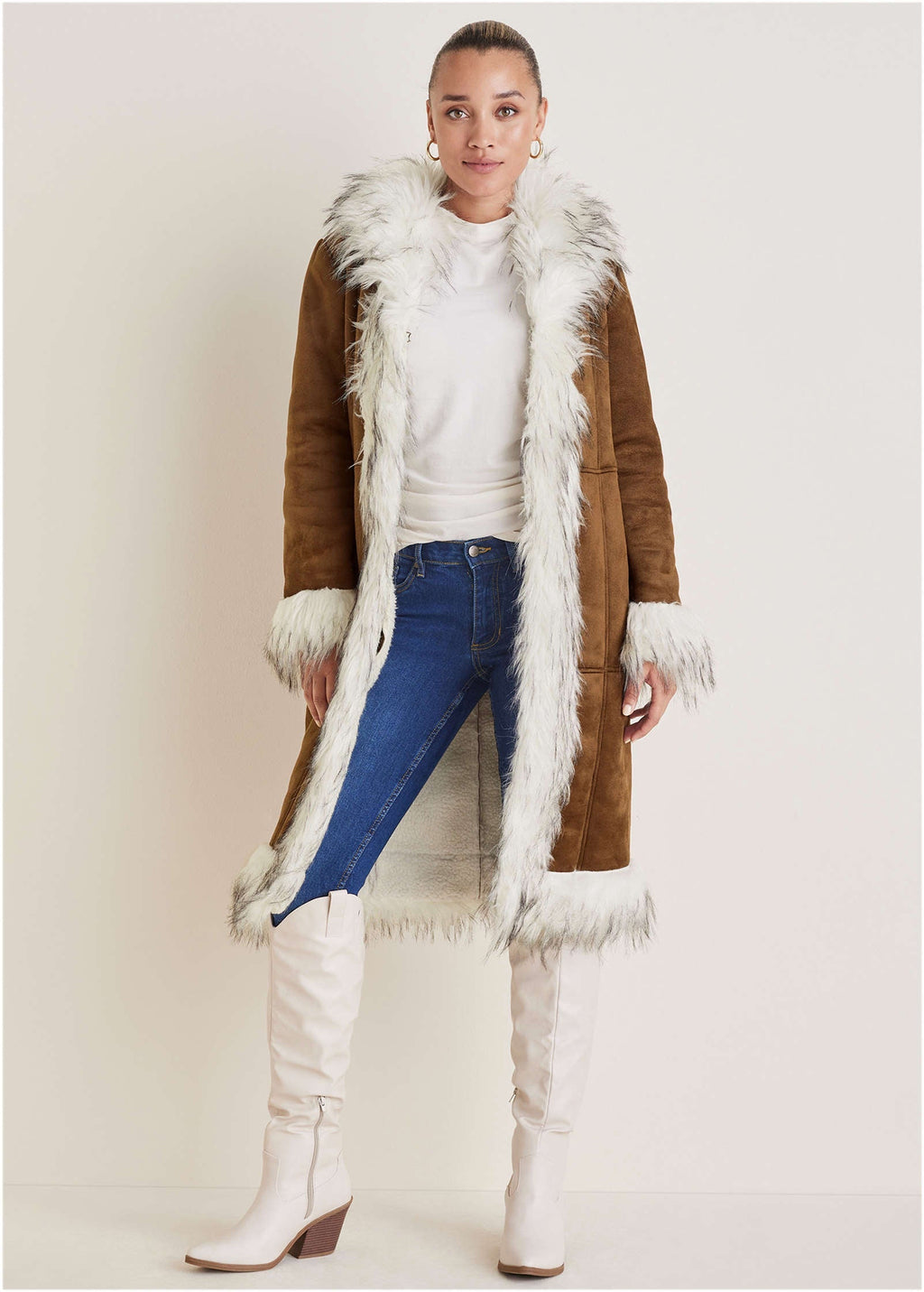 Faux Suede And Sherpa Coat - Tan