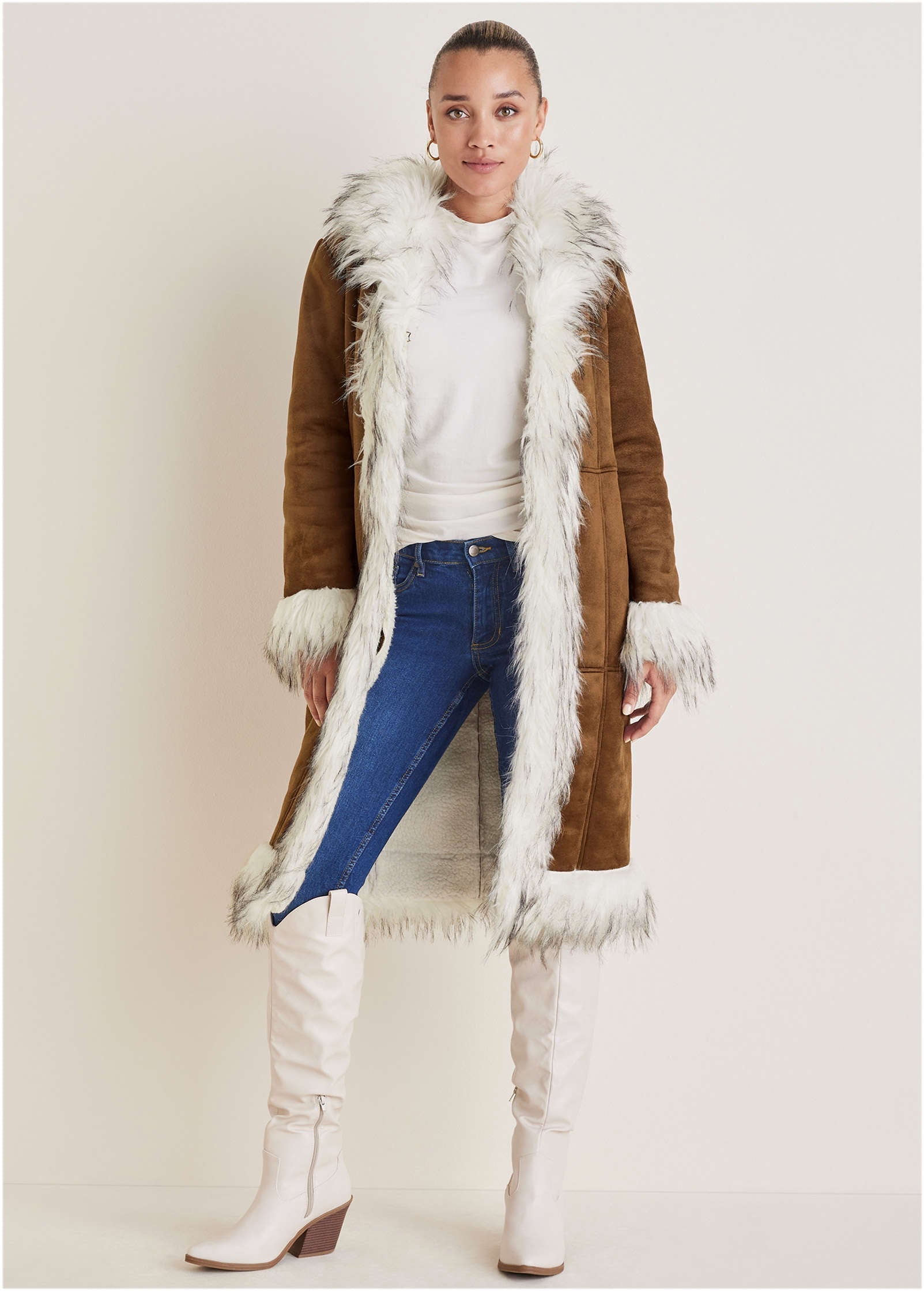 Faux Suede And Sherpa Coat - Tan