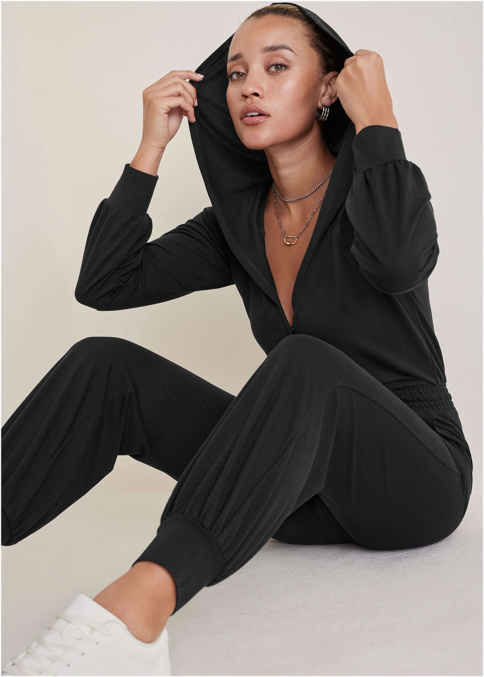 Casual Hooded Jumpsuit - Jet Black