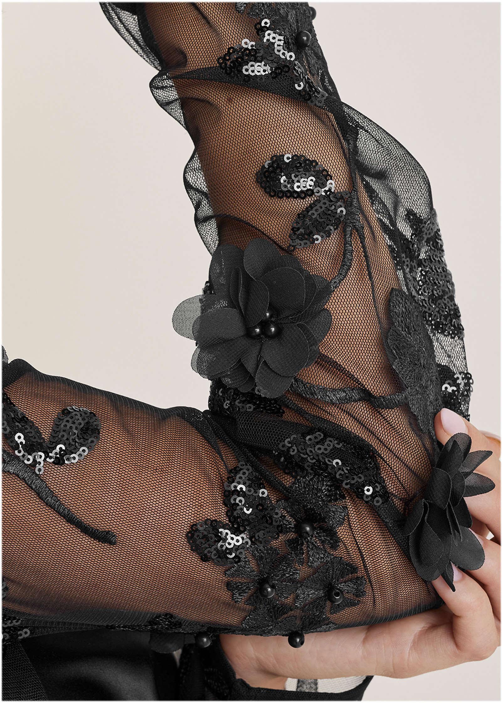 Beaded Lace Long Jacket - Jet Black