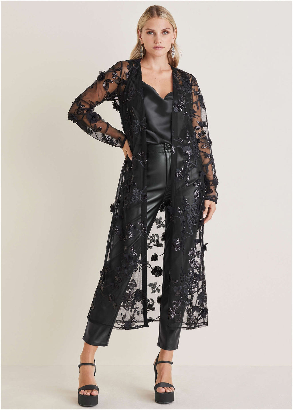 Beaded Lace Long Jacket - Jet Black